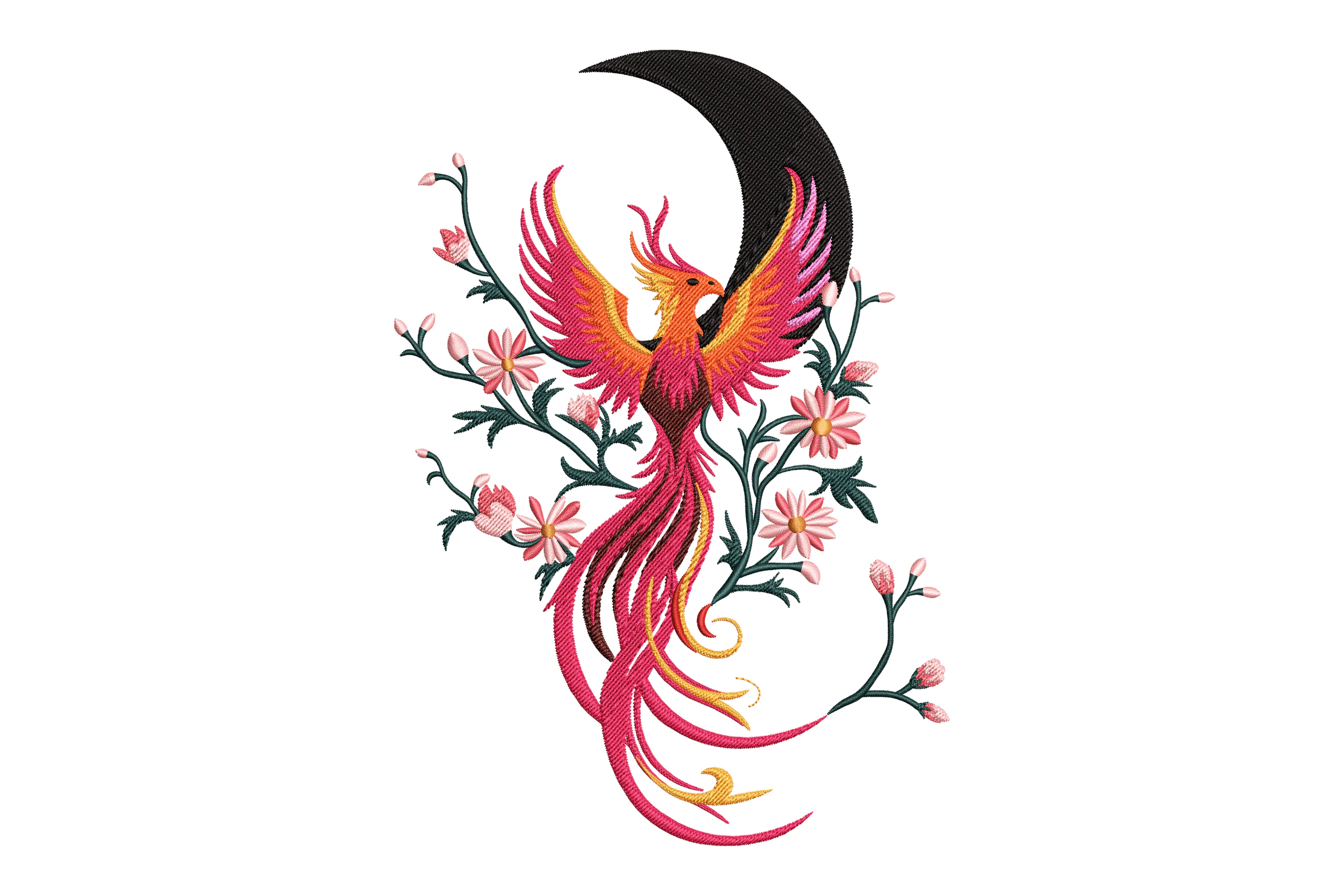 Phoenix and Crescent Moon Embroidery Design