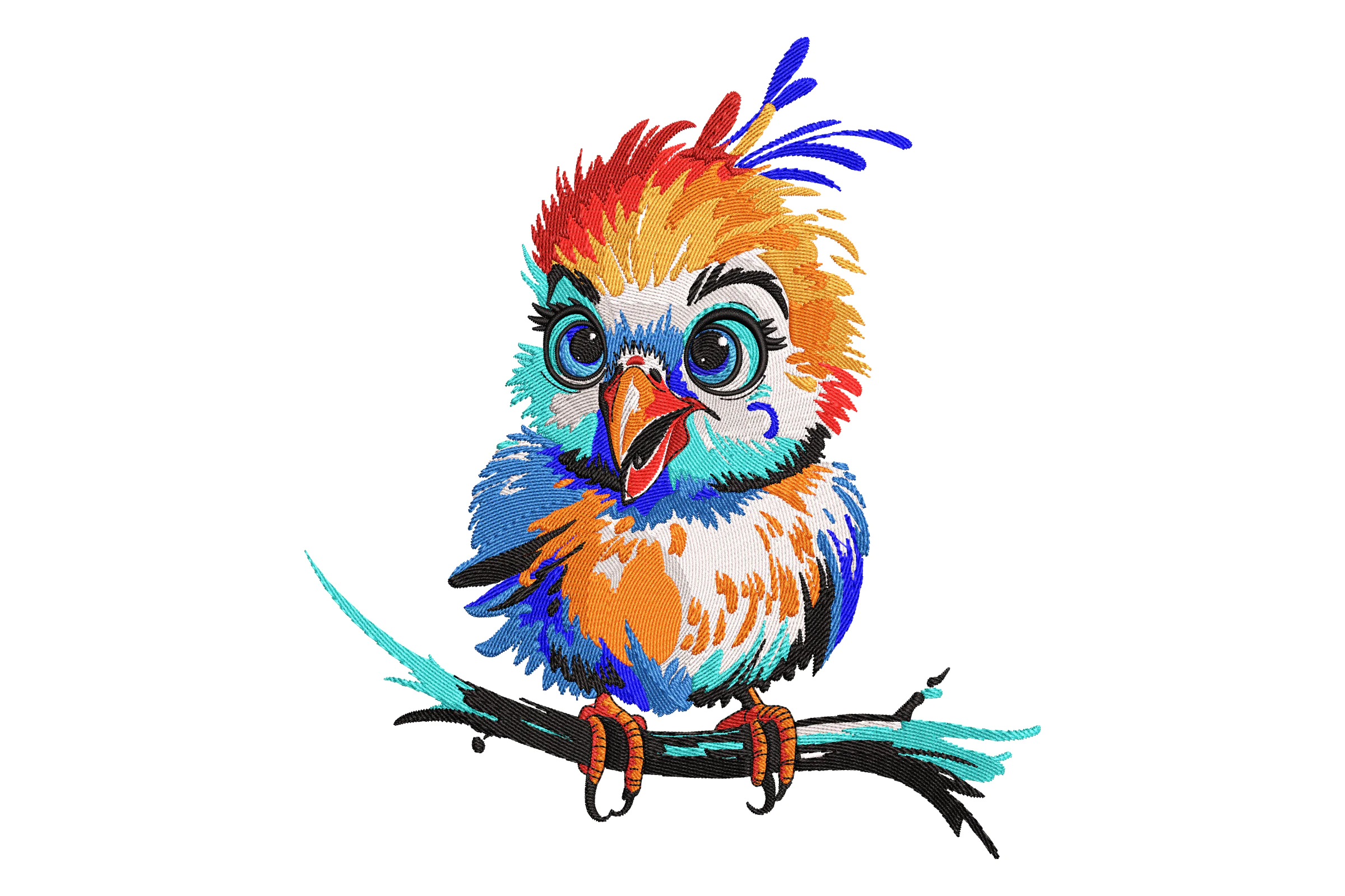 Colorful Bird Standing on Branch Embroidery Design