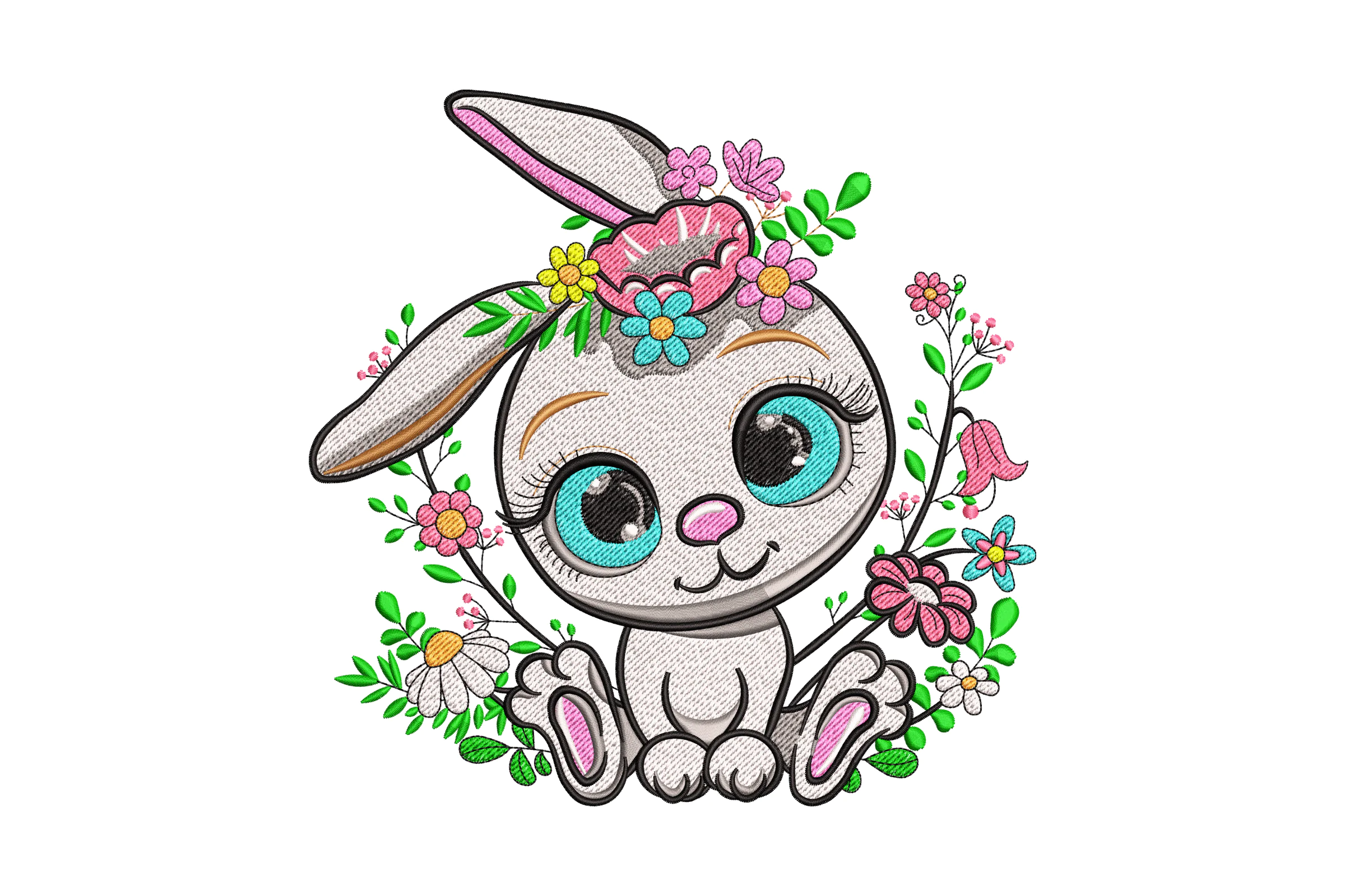 Floral Bunny with Flowers Embroidery Design