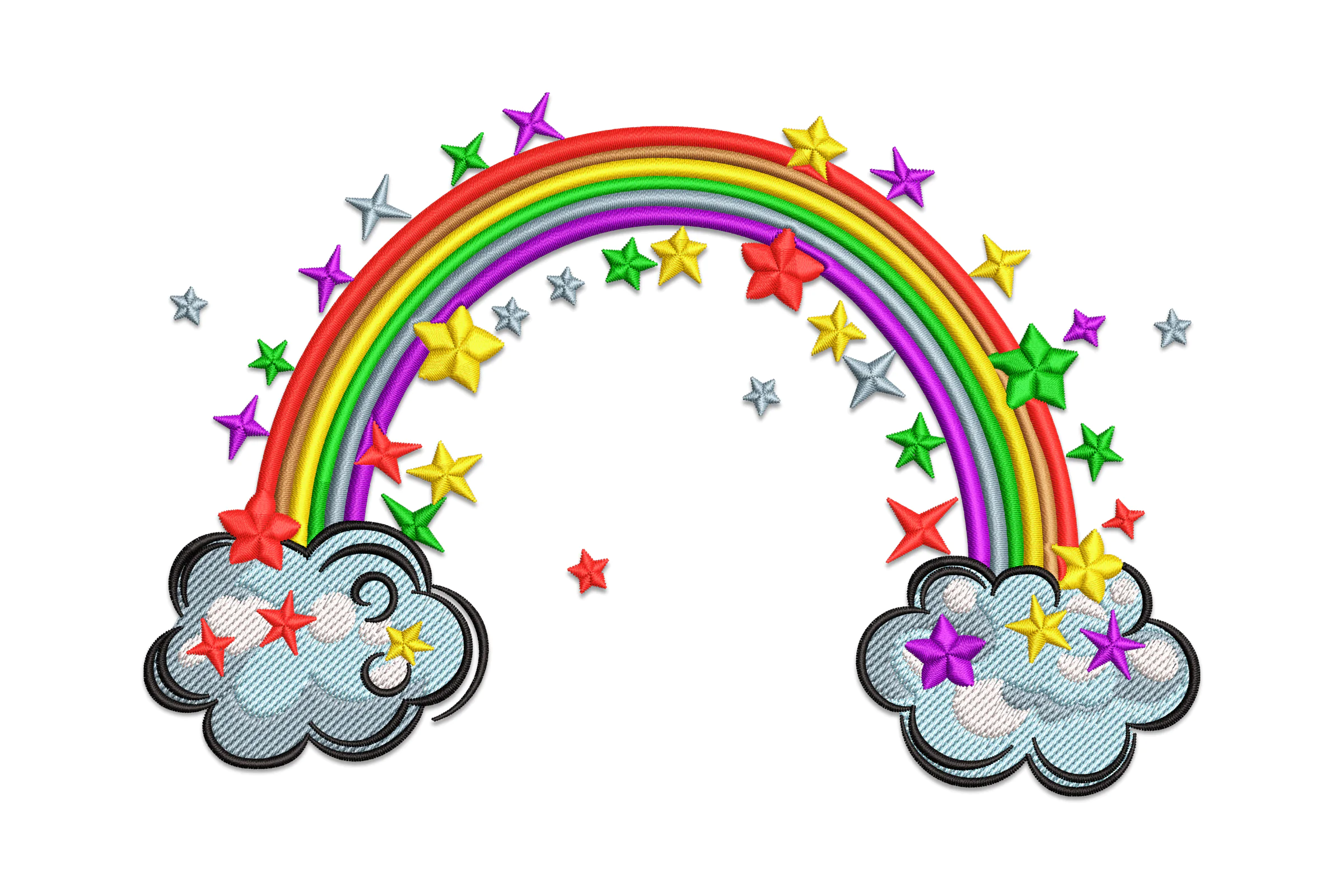 Colorful Rainbow With Stars And Clouds Embroidery Design