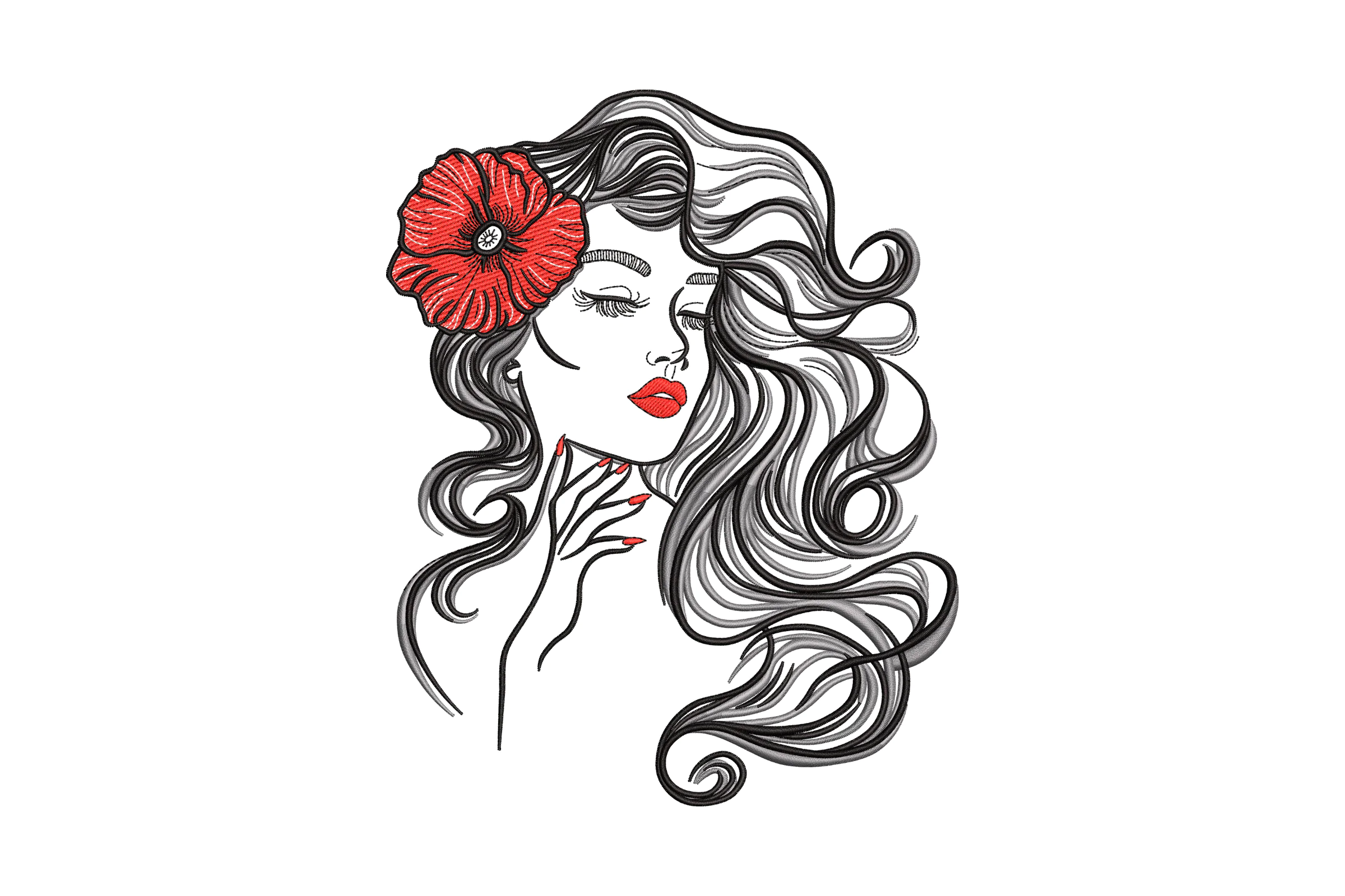 Woman Face With Poppy Embroidery Design