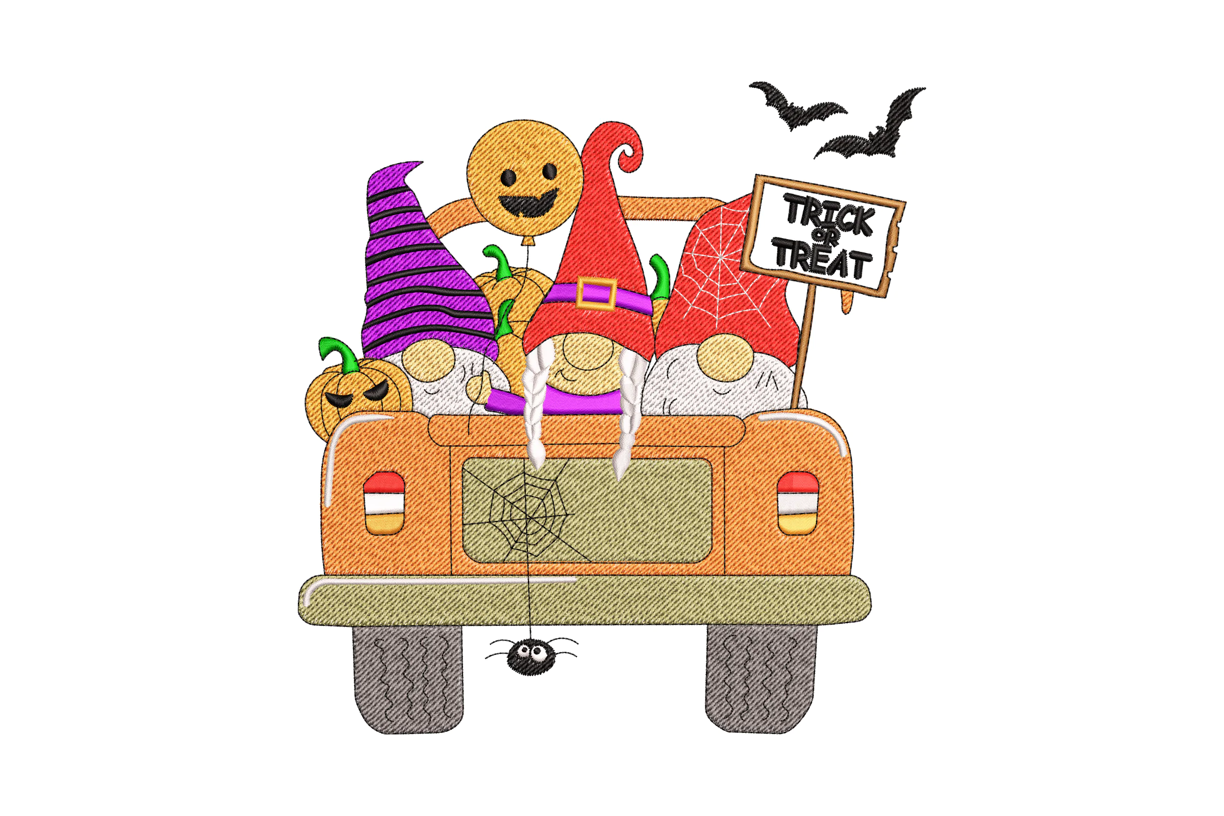 Halloween Gnomes in Truck Embroidery Design File