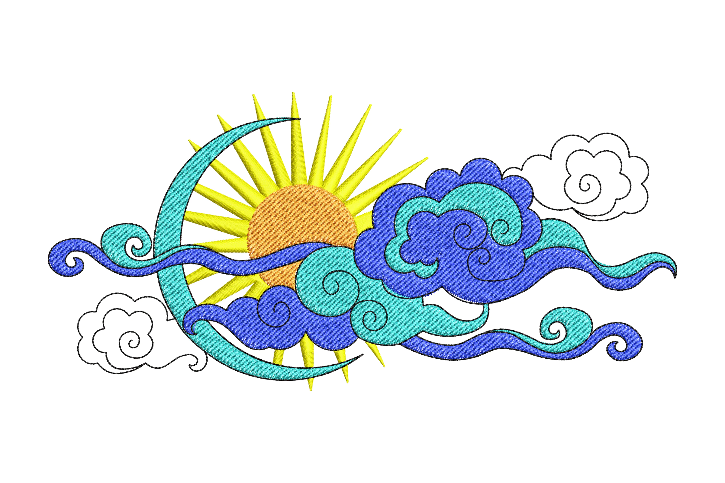 Sun, Moon and Clouds Embroidery Design