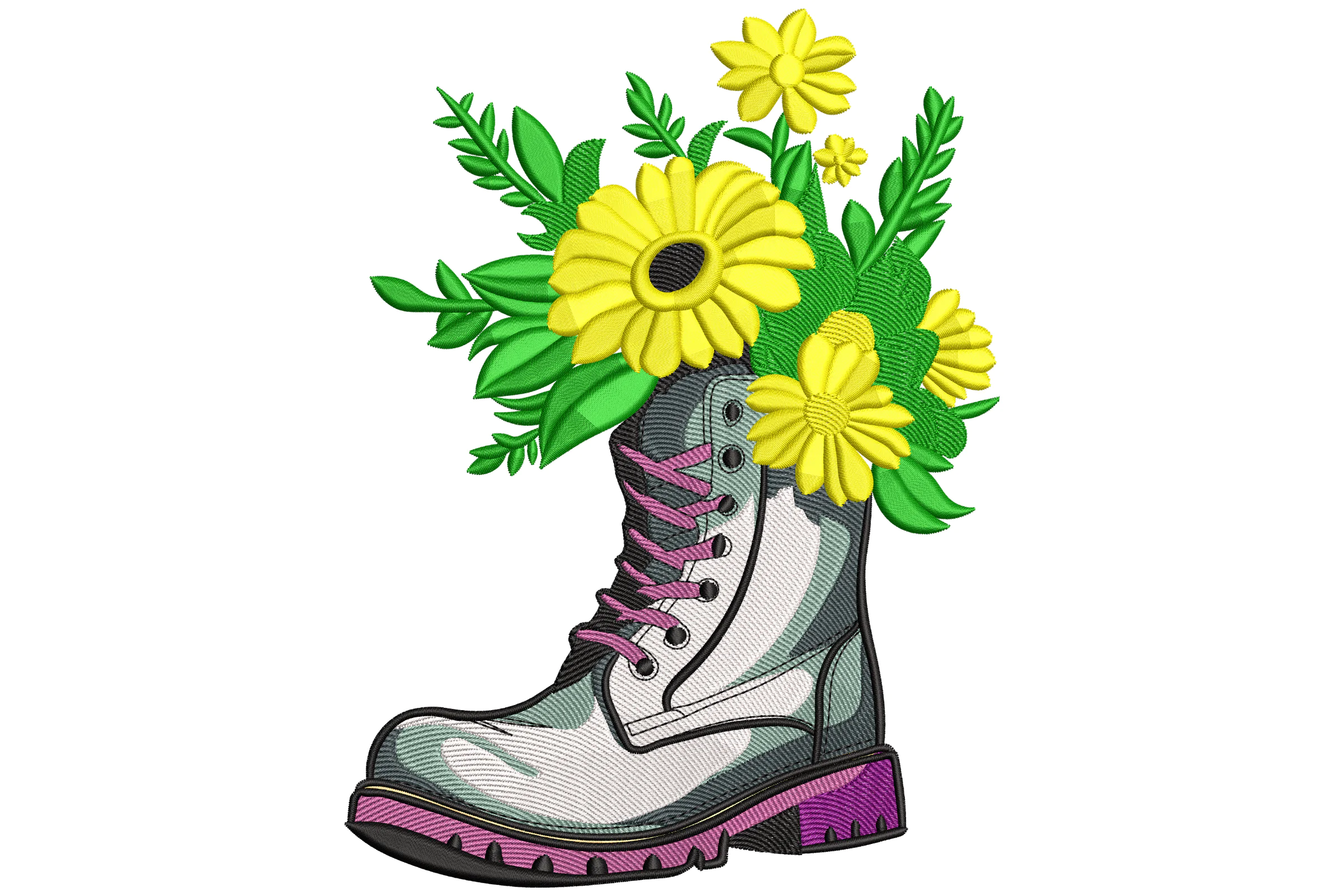 Combat Boot with Flowers Embroidery Design