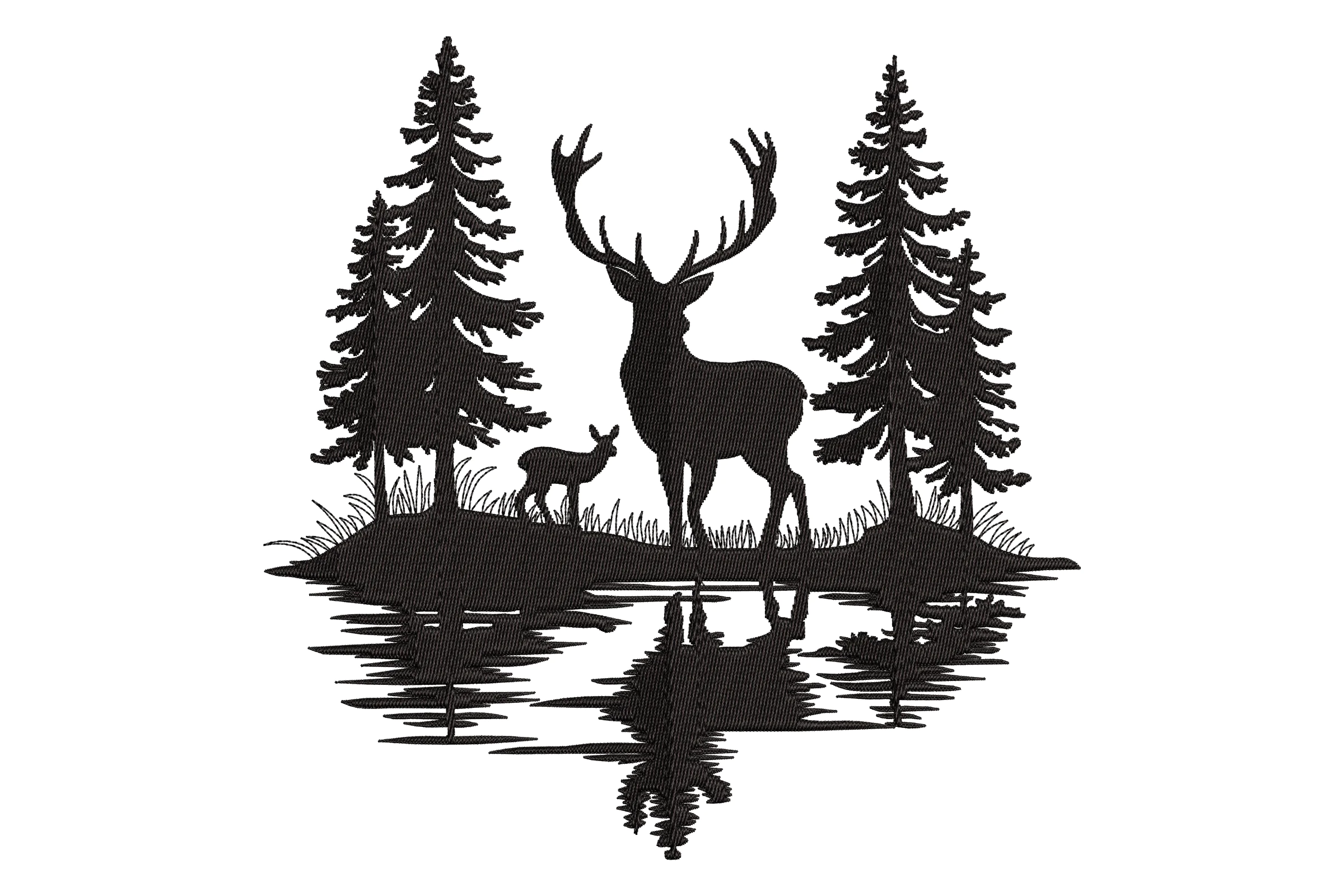 Deer in Pine Fir Forest Embroidery Design