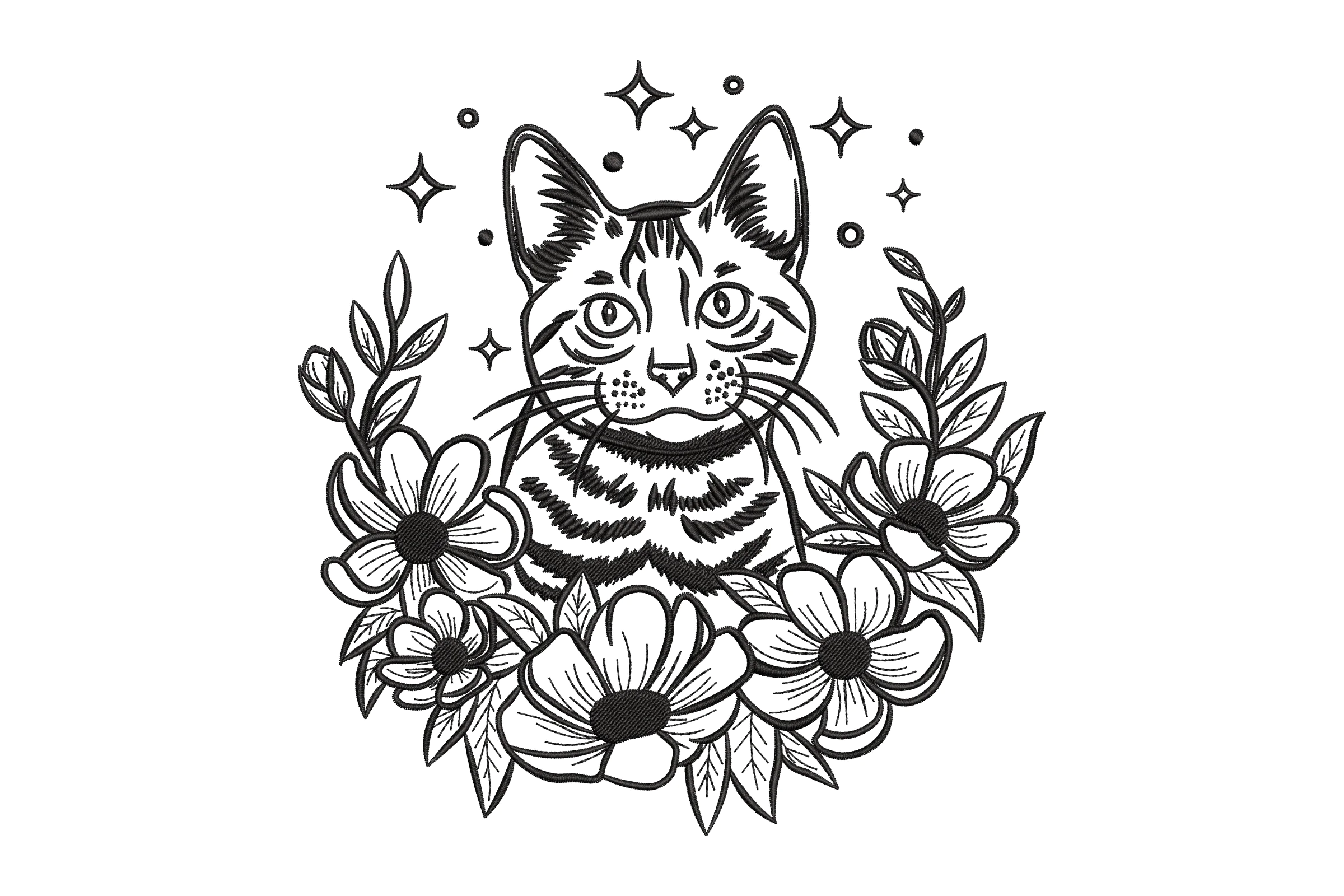 Cat with Flowers Embroidery Design