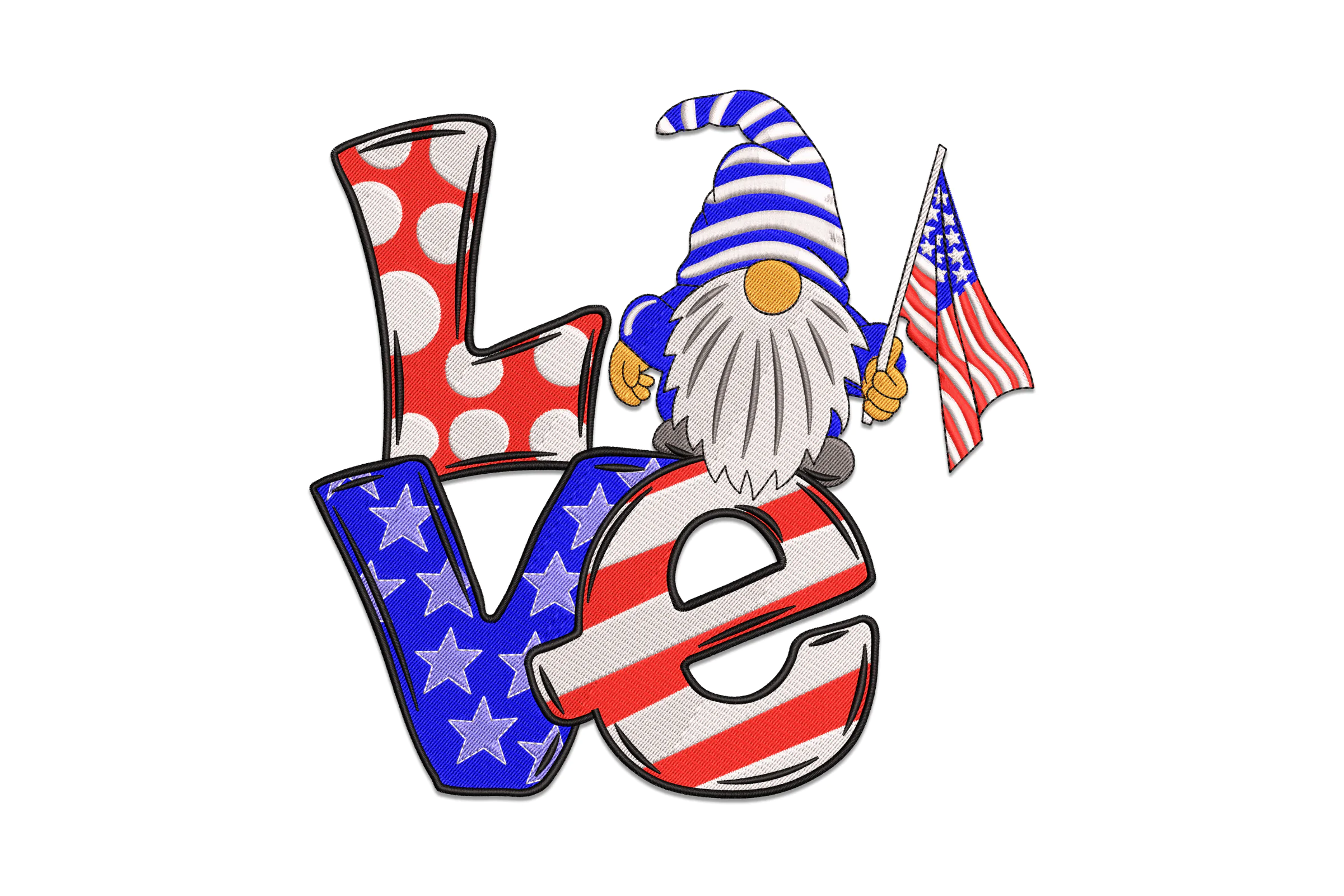 Love Gnome US Flag 4th of July Embroidery Design