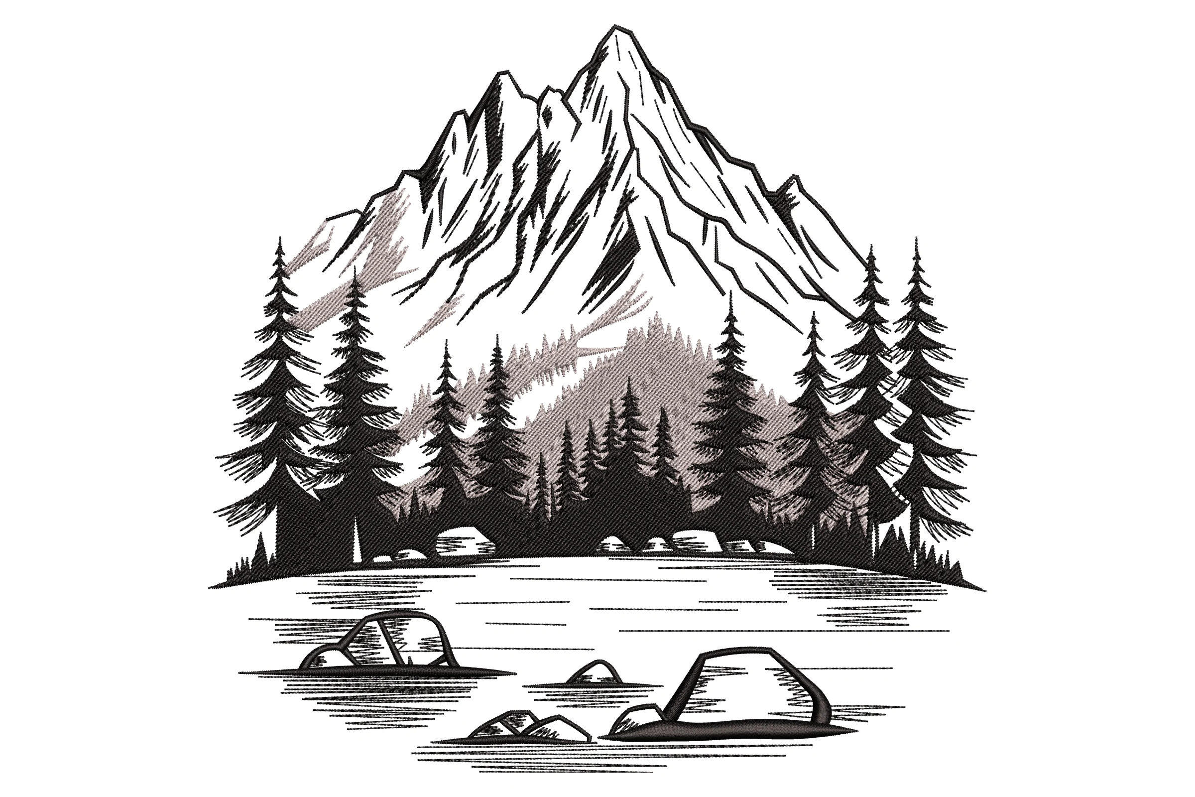Winter Trees and Mountain Embroidery Design