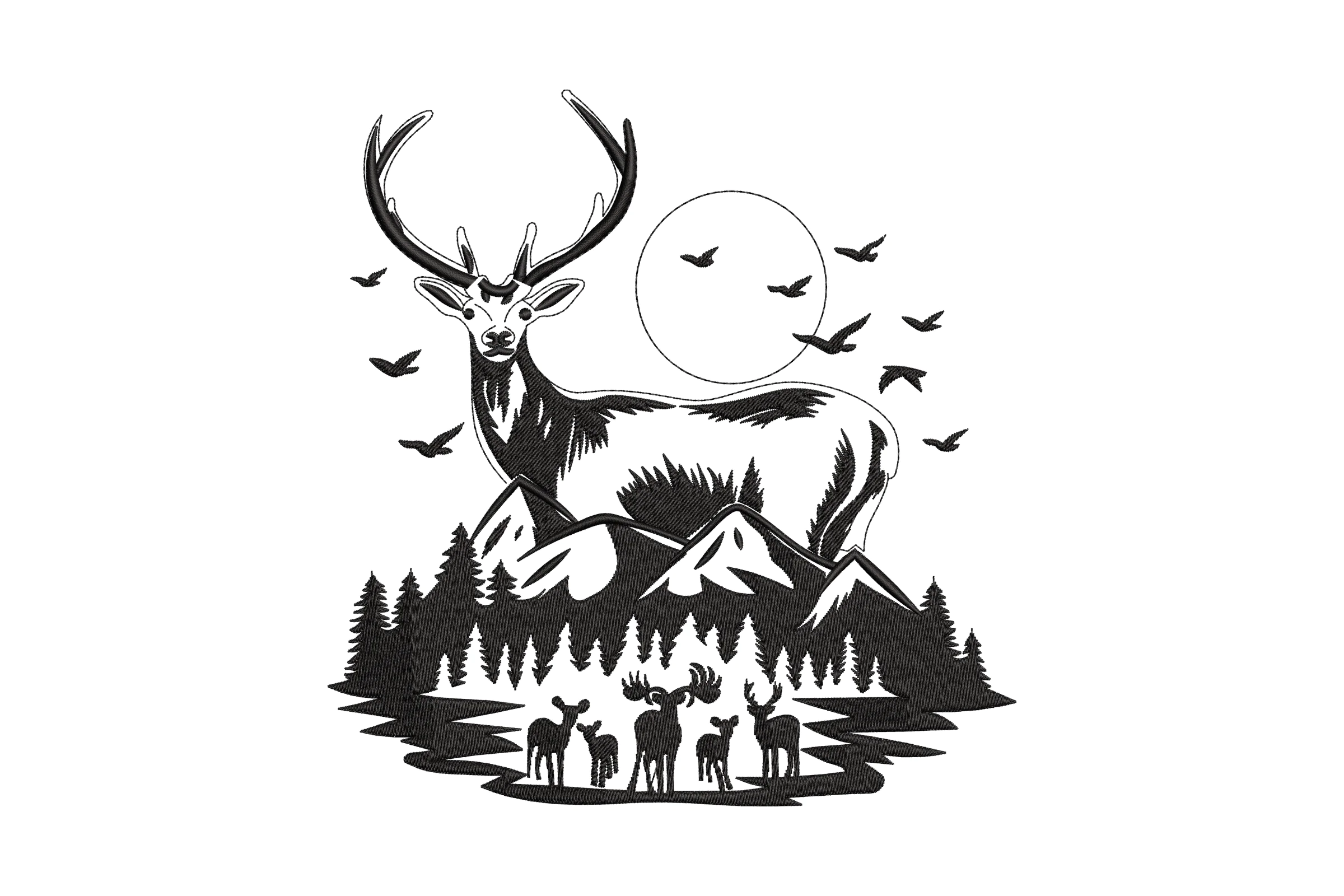 Deer Wilderness Mountains Embroidery Design