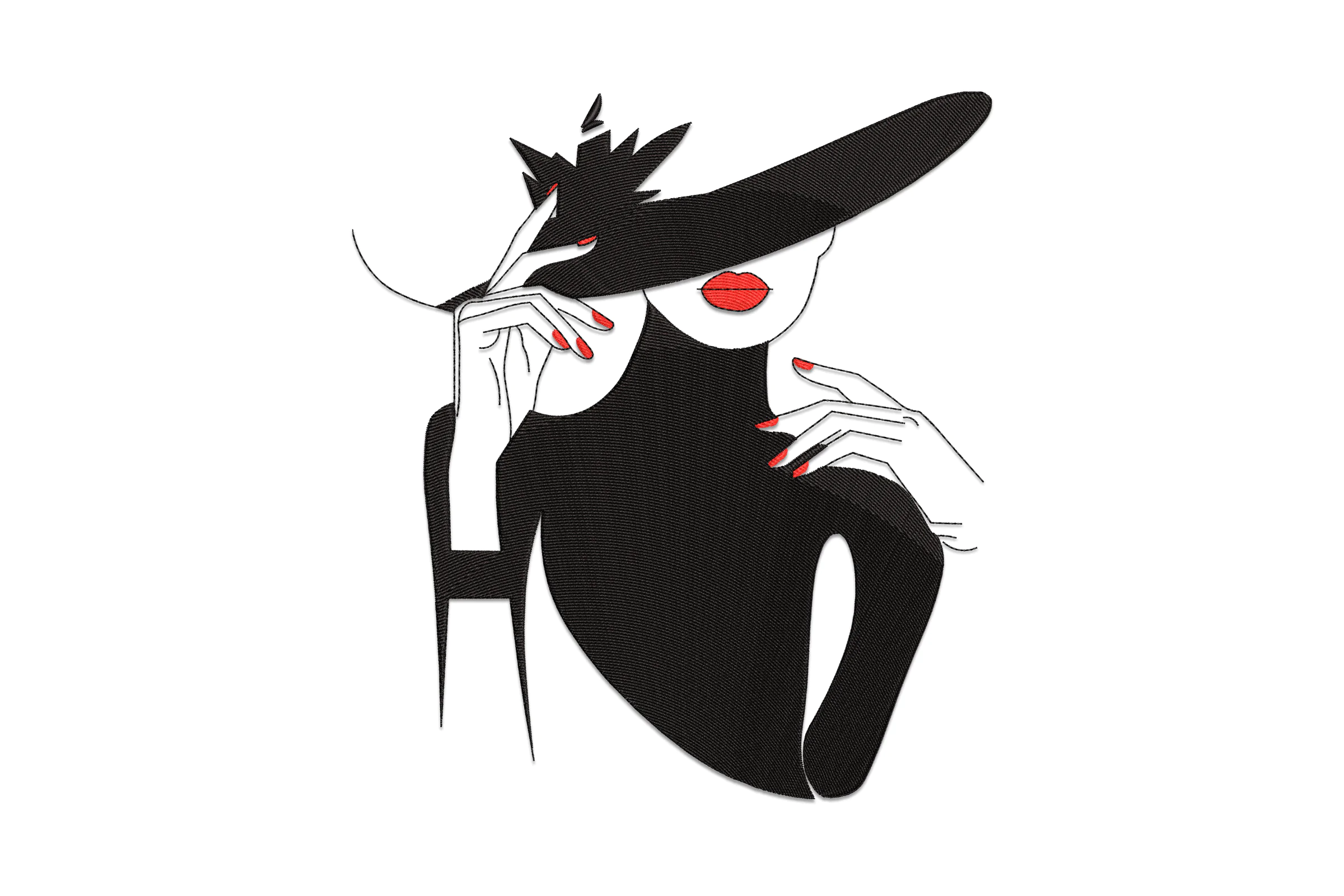 Woman Red Lips Black Embroidery Design