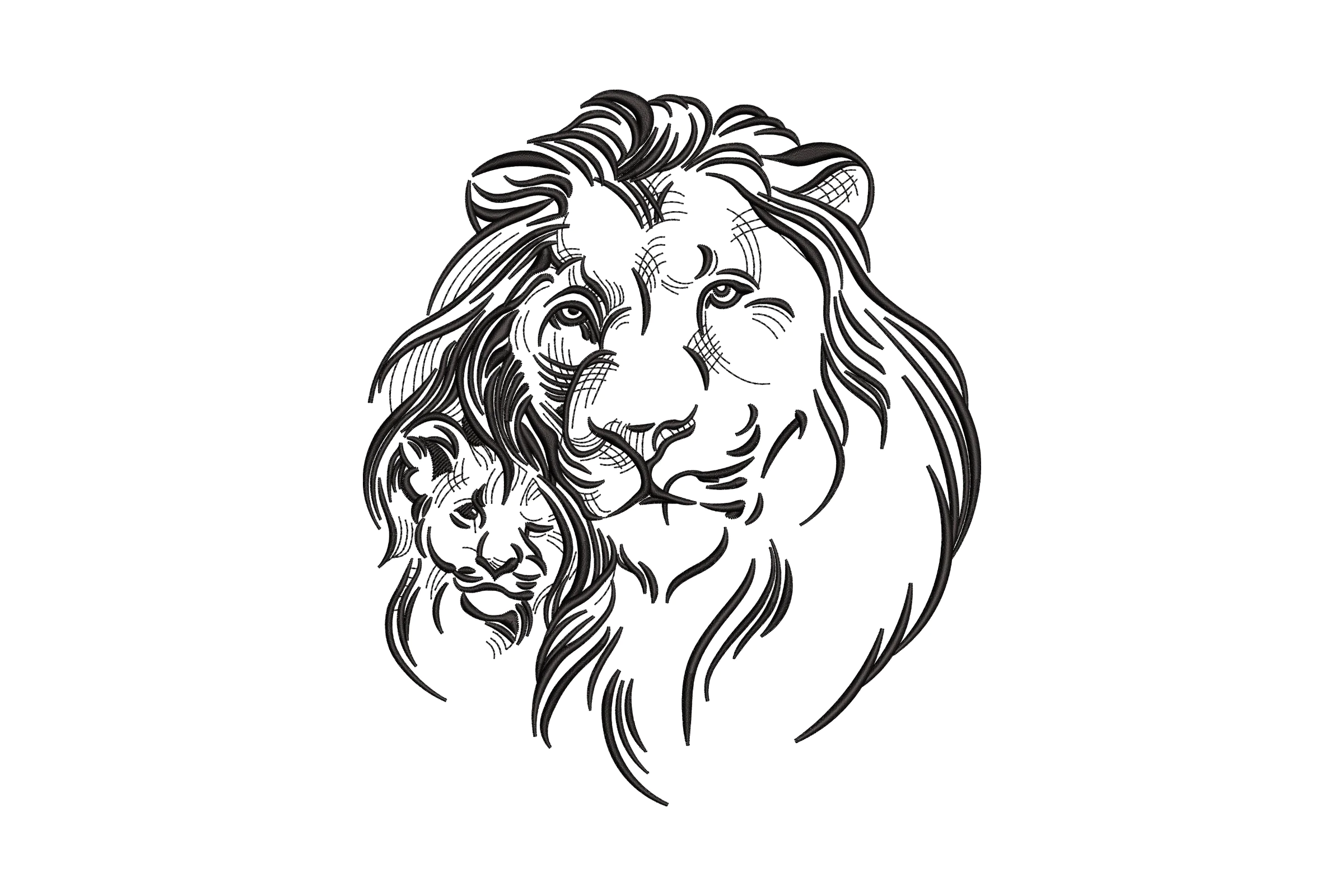 Lion and Cub Line Art Embroidery Design