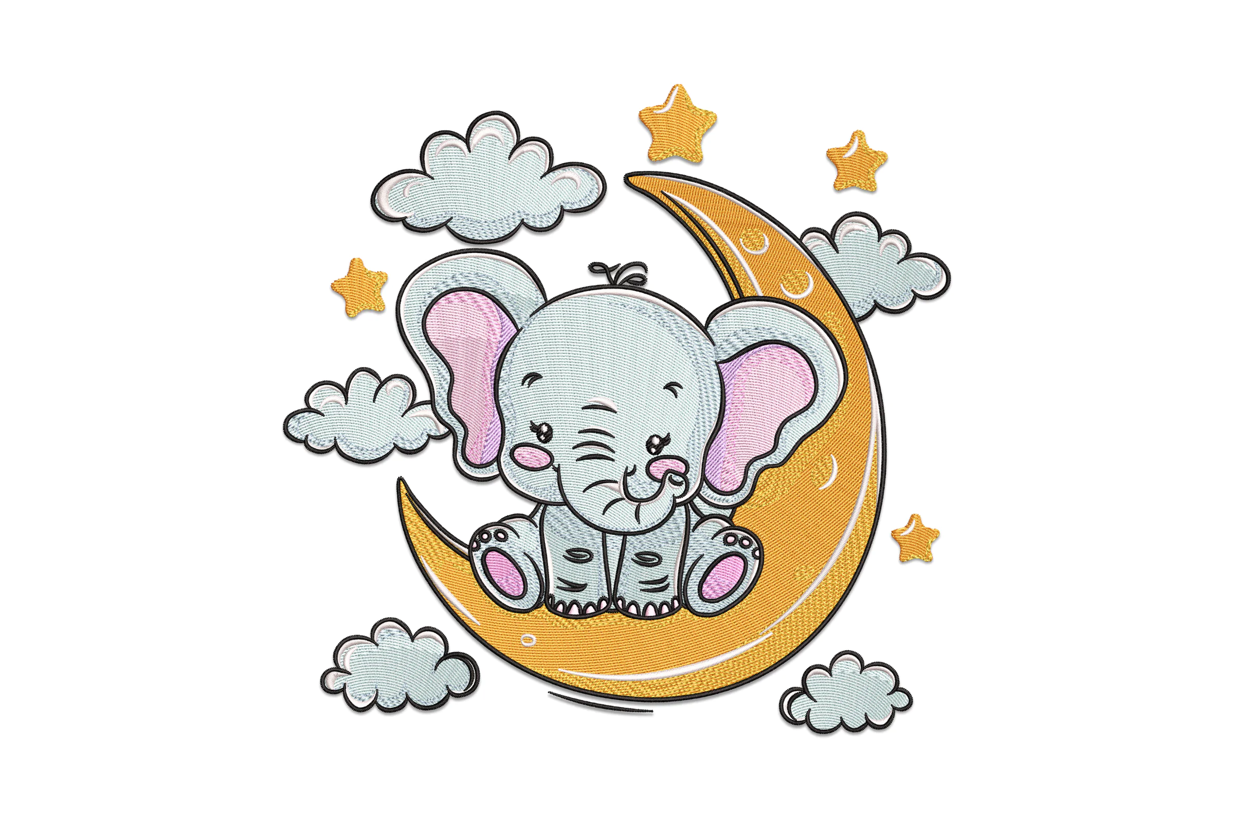 Cute Elephant Moon Embroidery Design