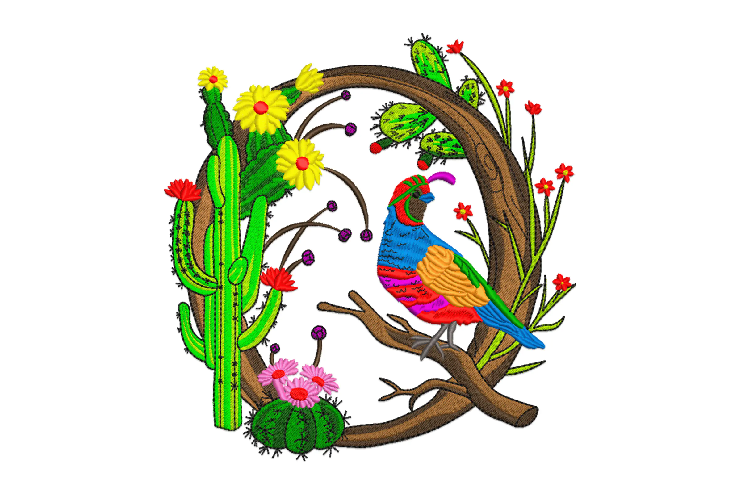 Cactus with Bird Wreath Embroidery Design