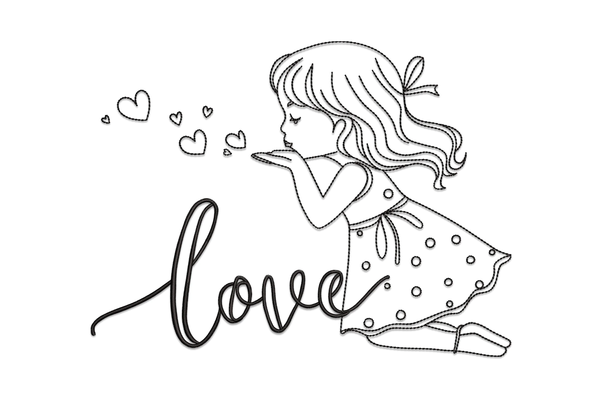 Cute Girl with Hearts Embroidery Design