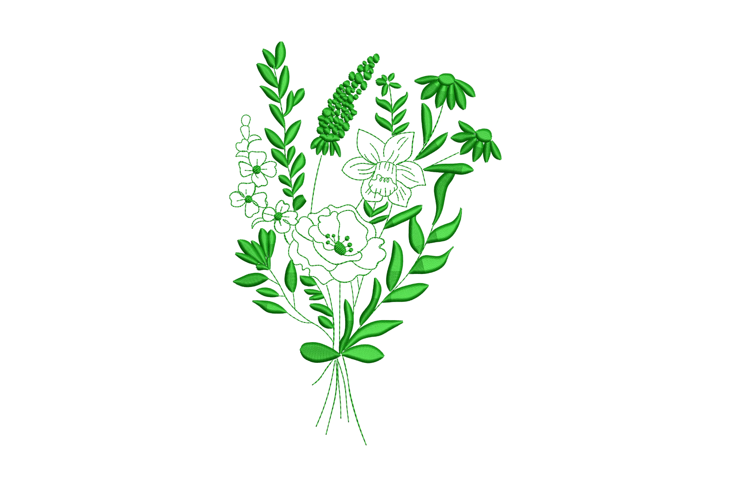 Green Floral Bouquet with Poppies Embroidery Design