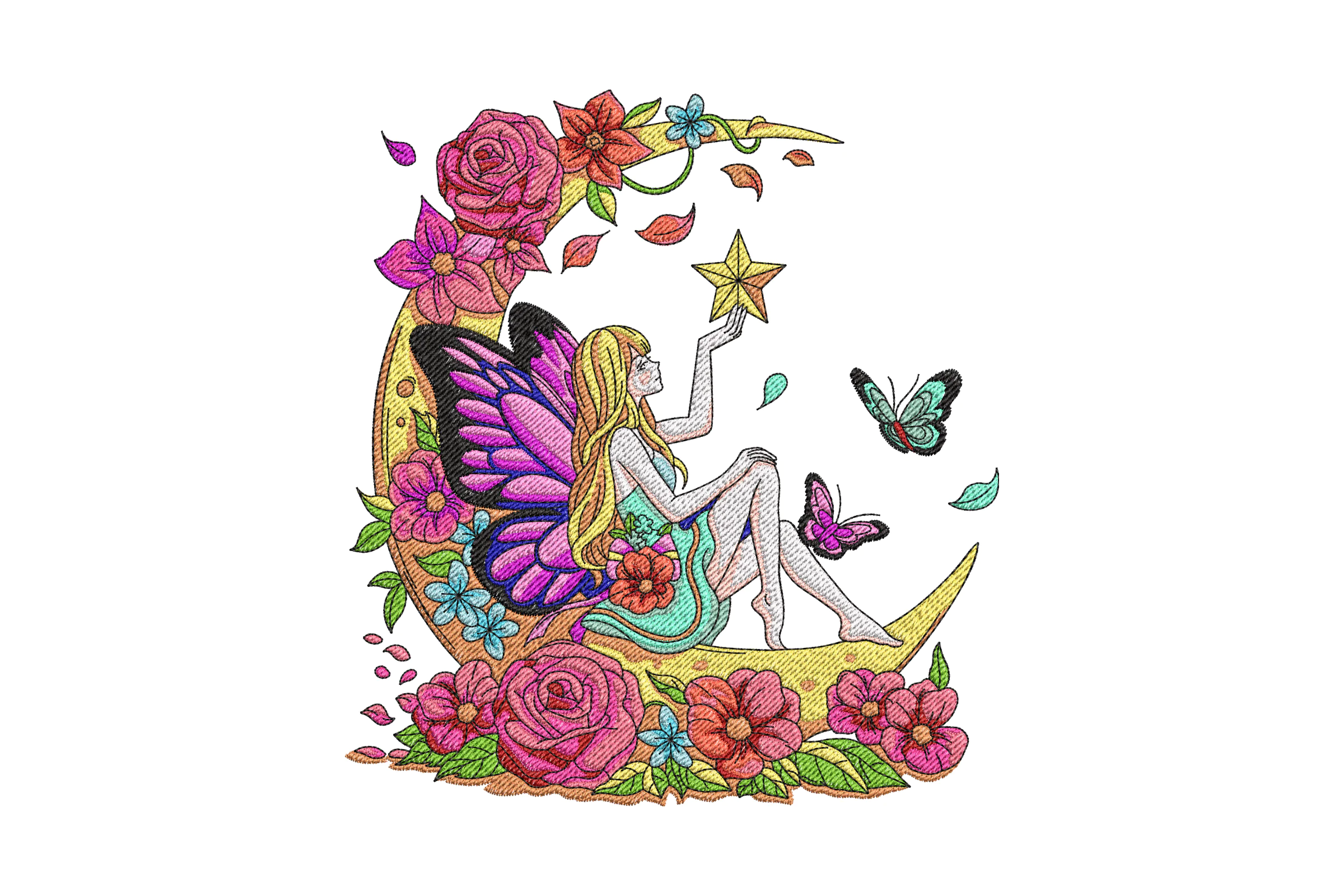 Floral Fairy on the Moon Embroidery Design
