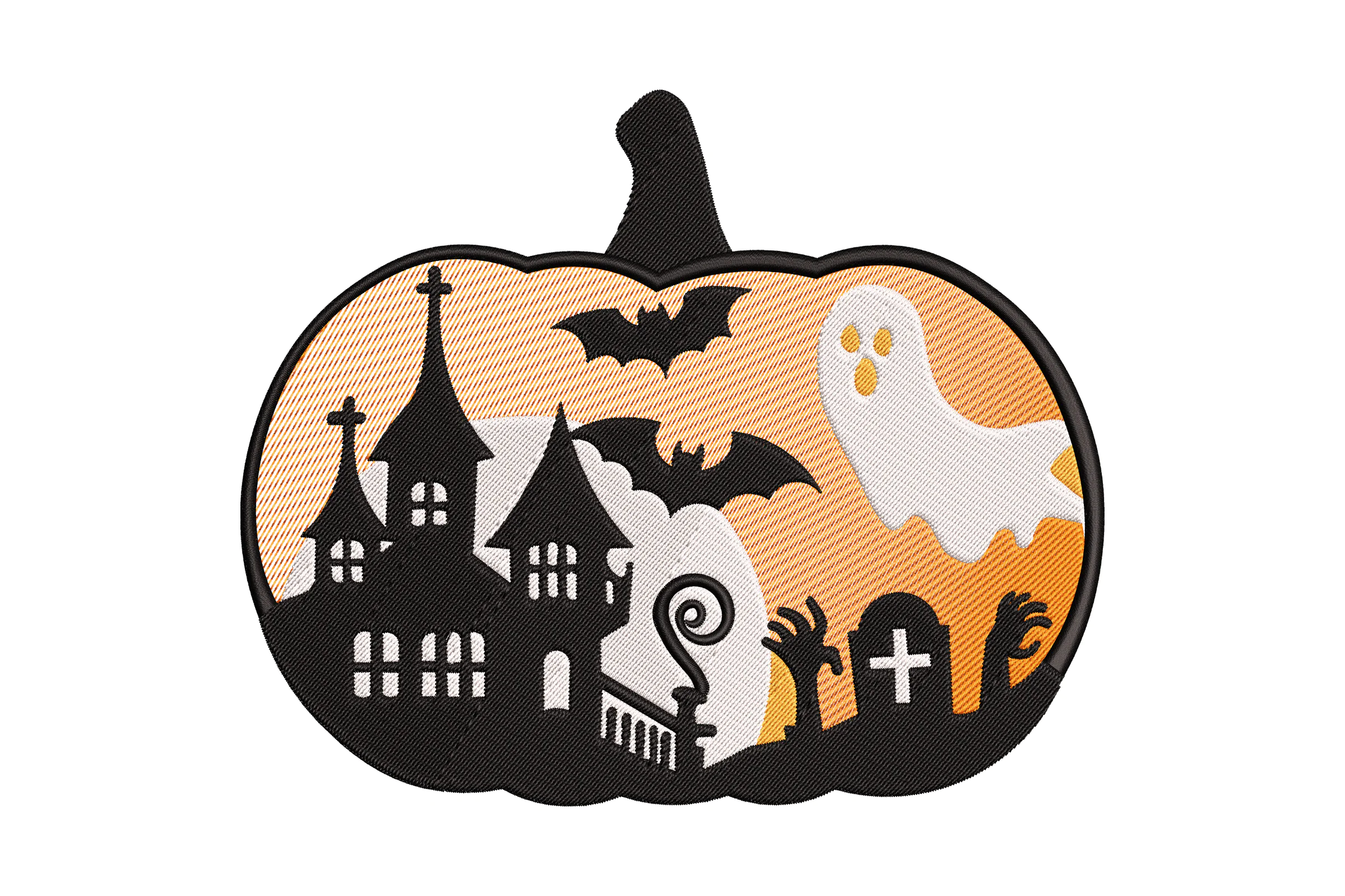 Halloween Haunted House and Ghosts Pumpkin Embroidery Design