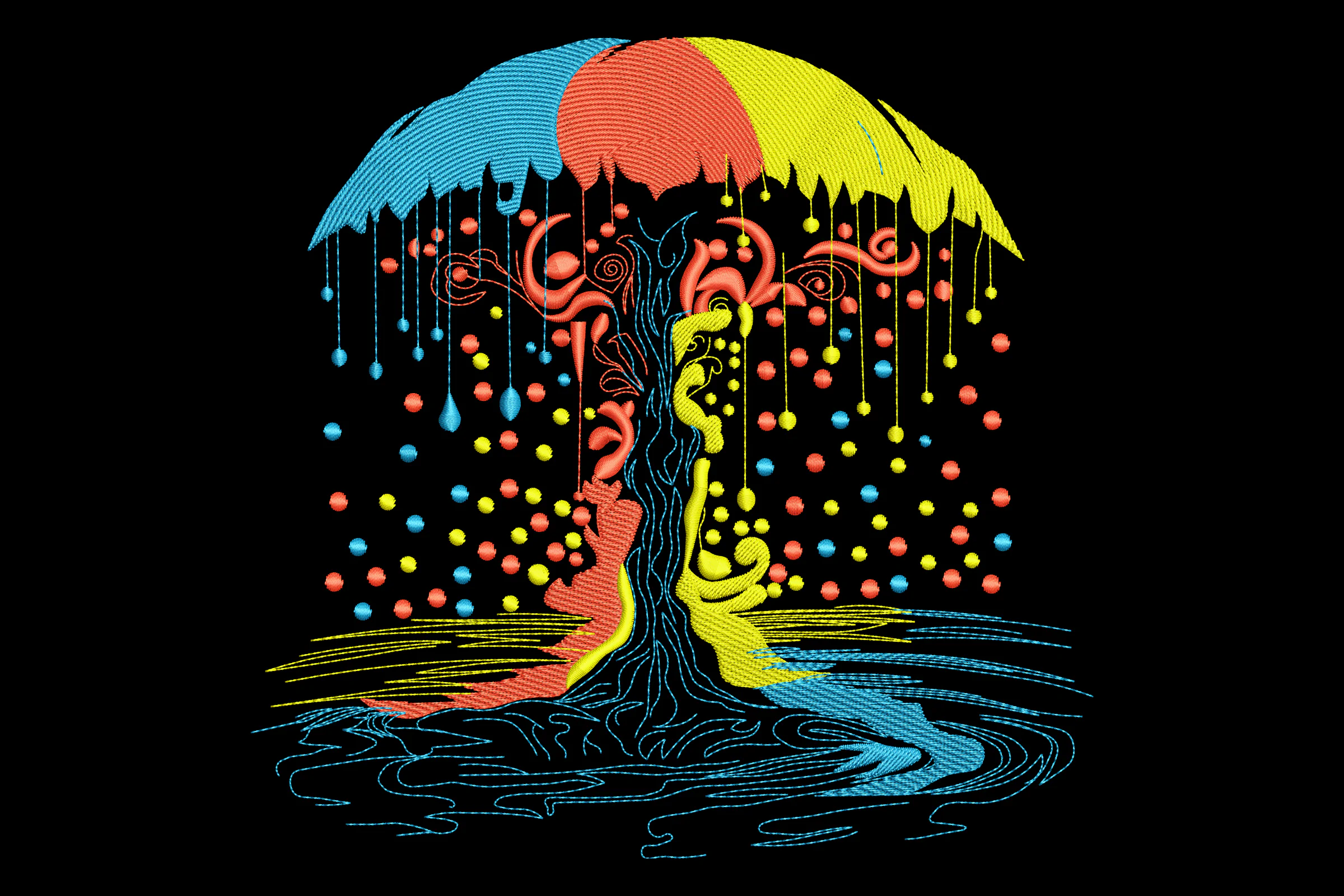 Colorful Tree with Raindrops Embroidery Design