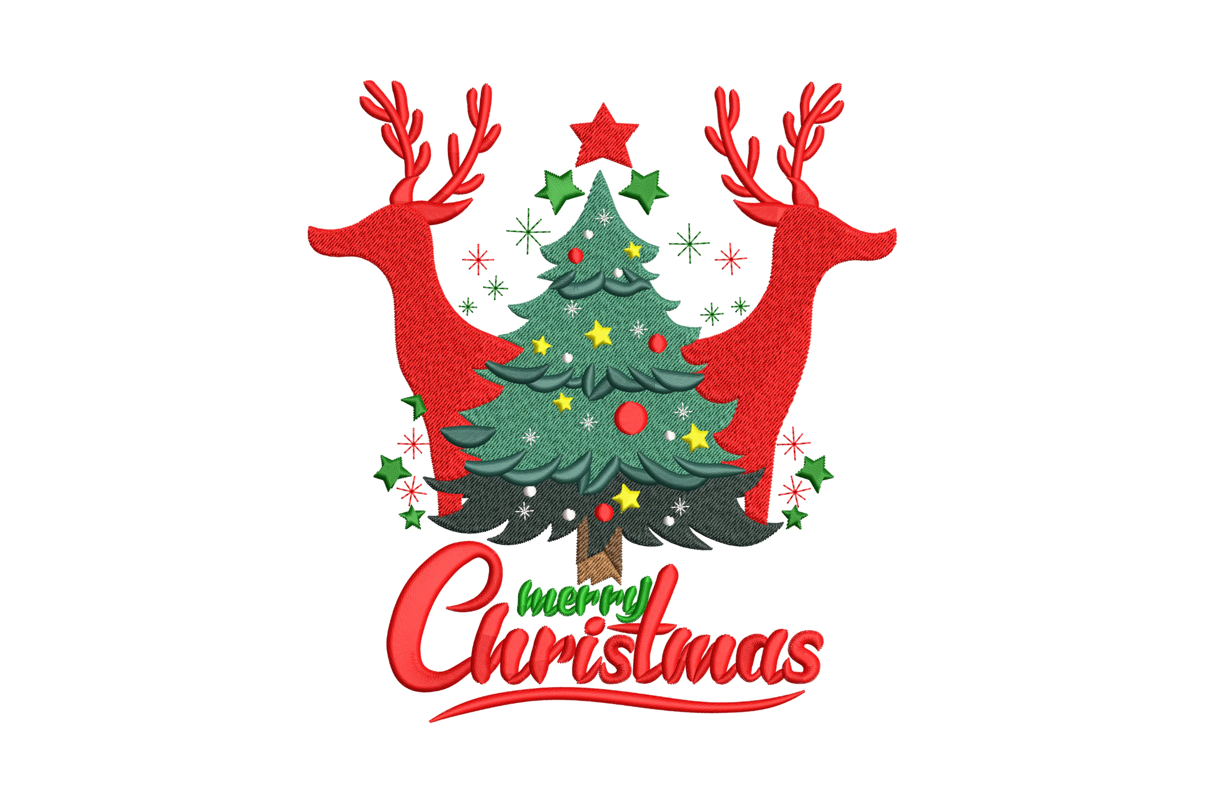 Merry Christmas Deer and Christmas Tree Embroidery Design