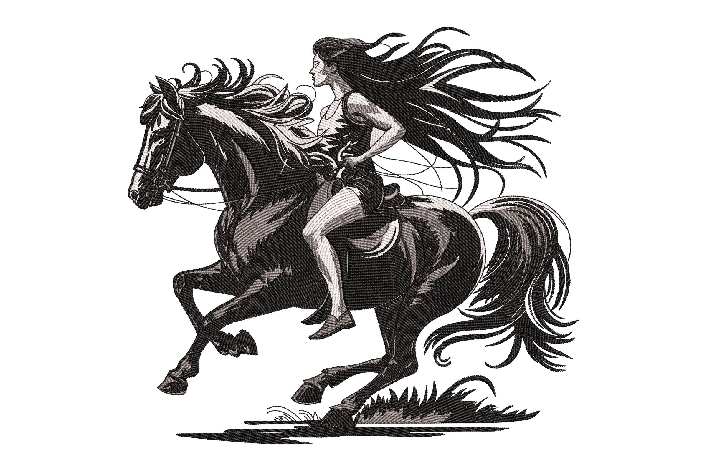 Horseback Rider with Long Hair Embroidery Design
