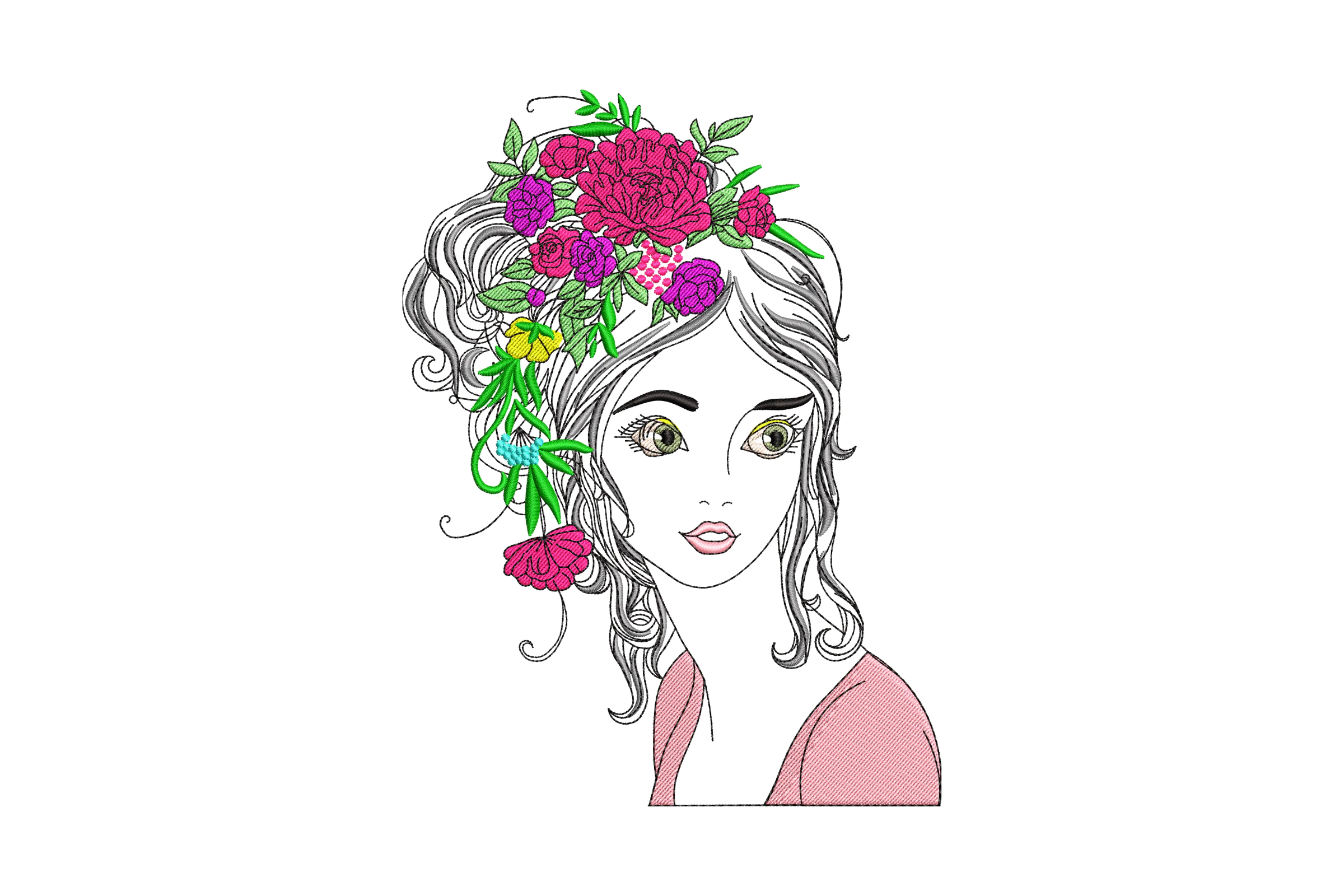 Elegant Woman with Floral Crown Embroidery Design