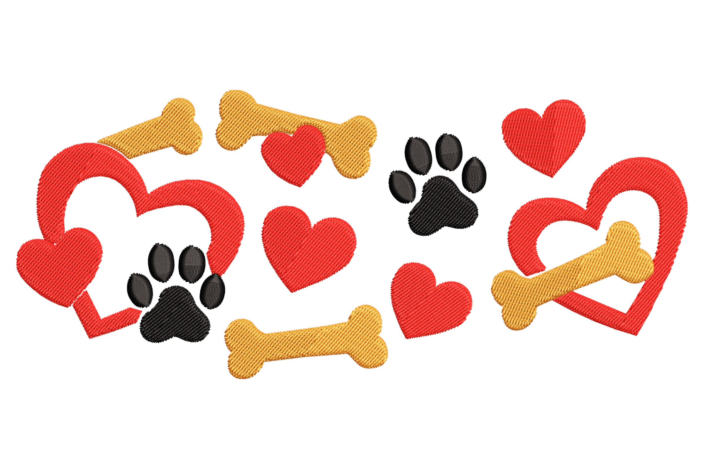 Hearts and Bones with Paw Prints Embroidery Design