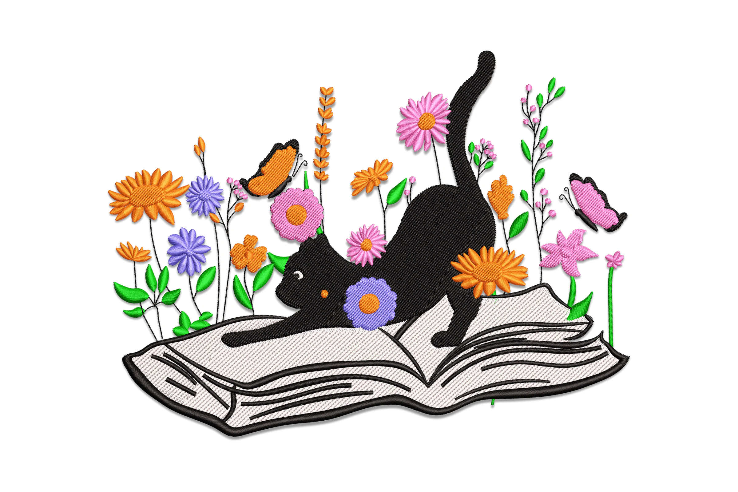 Floral Cat Book Embroidery Design