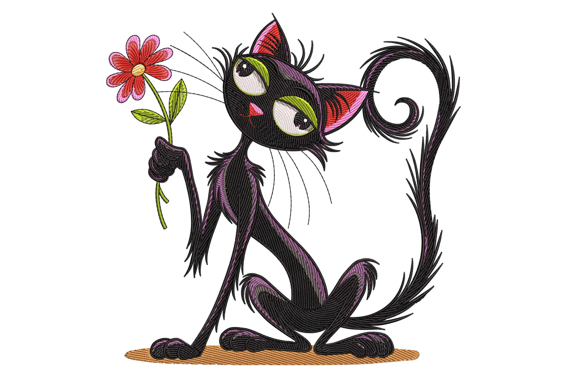 Cute Cat with Flower Embroidery Design