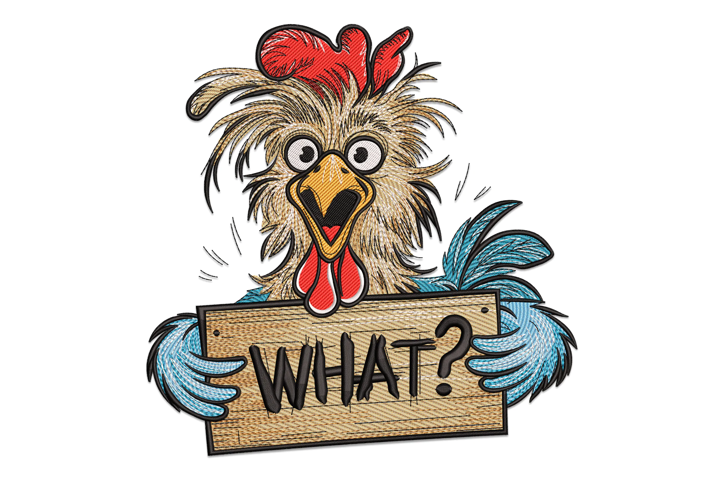 Hilarious Rooster with "What?" Embroidery Design