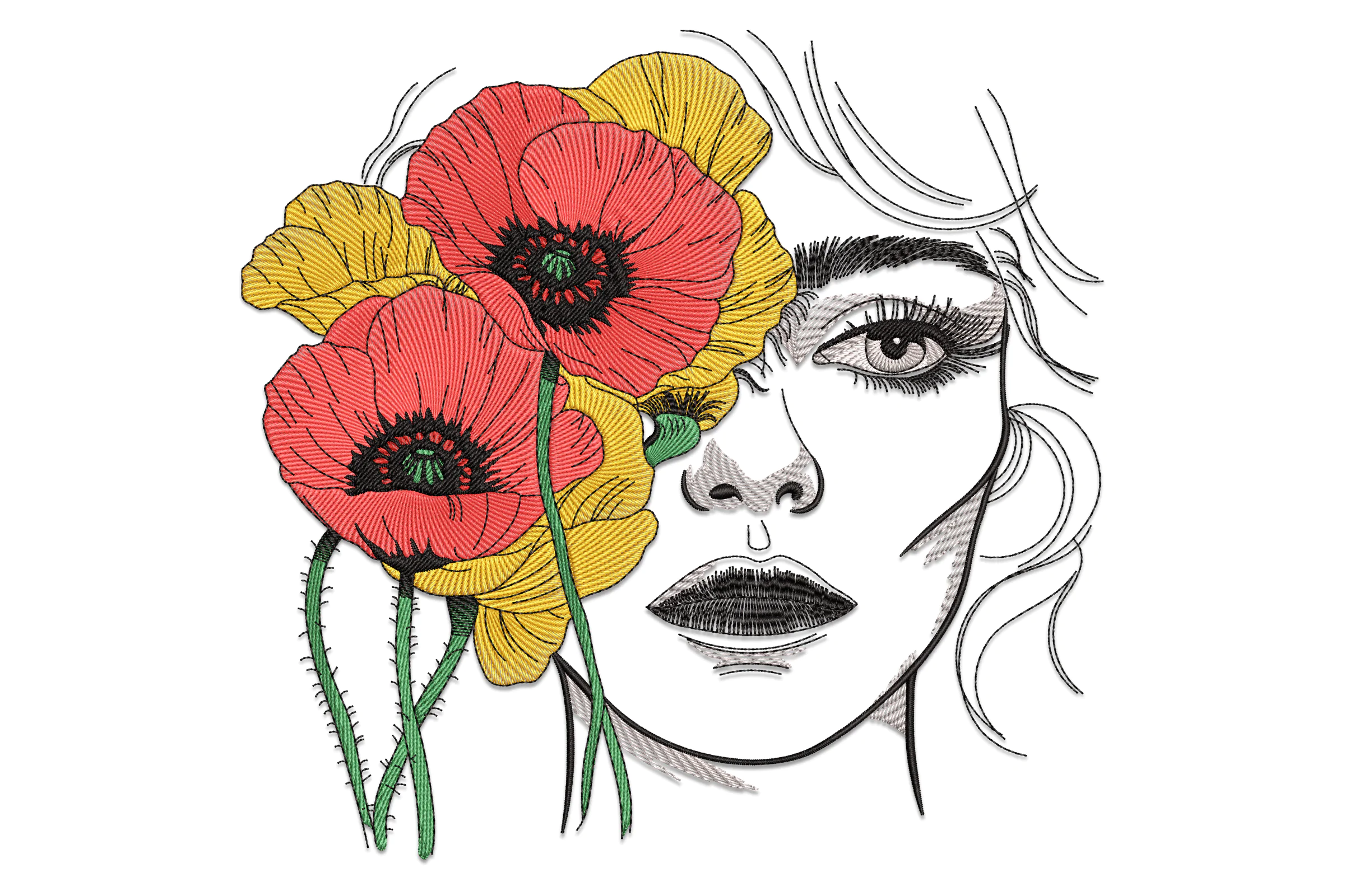 Women's Face with Flowers Embroidery Design