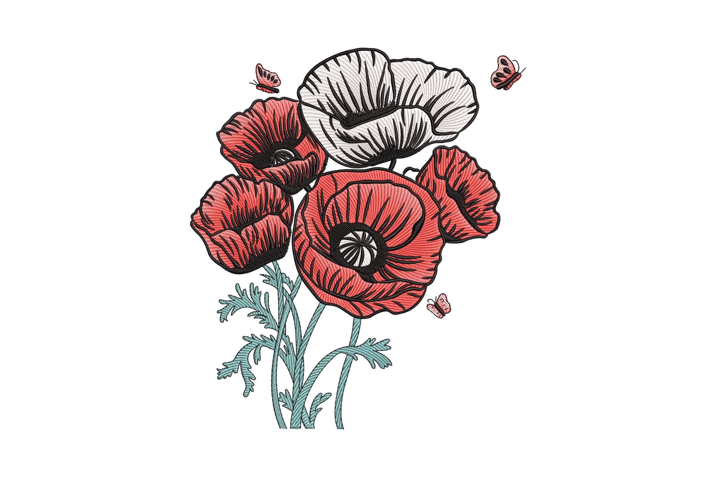 Poppy Flowers With Butterflies Embroidery Design