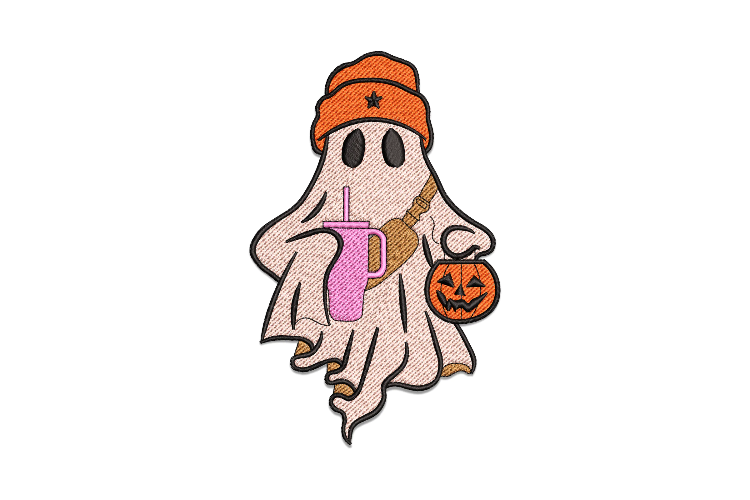 Ghost with Drink, Pumpkin, and Witch Hat Embroidery Design