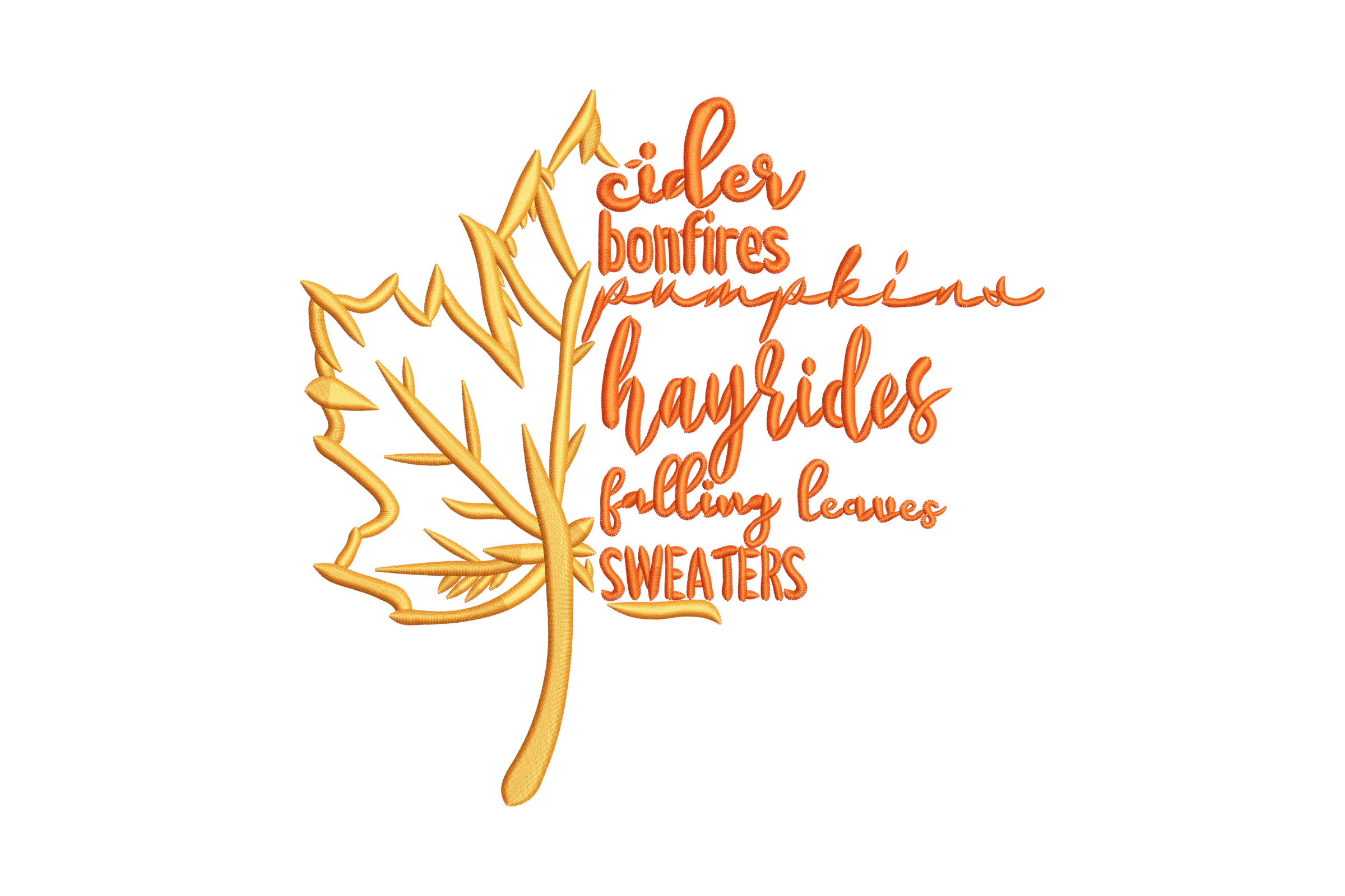 Fall Leaf with Autumn Words Embroidery Design