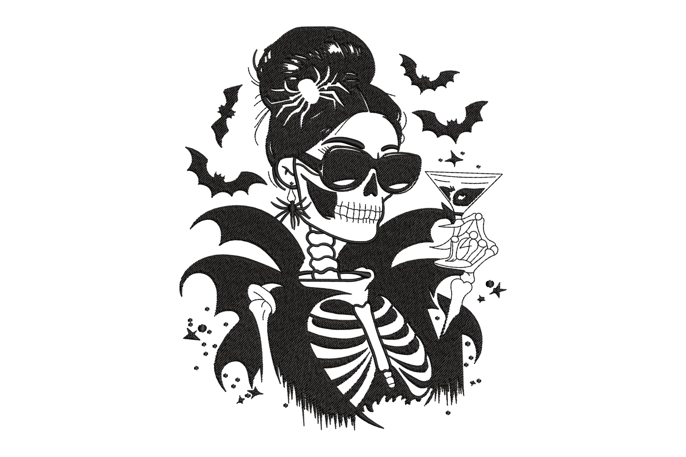 Skull of a Woman Drinking Coffee Embroidery Design