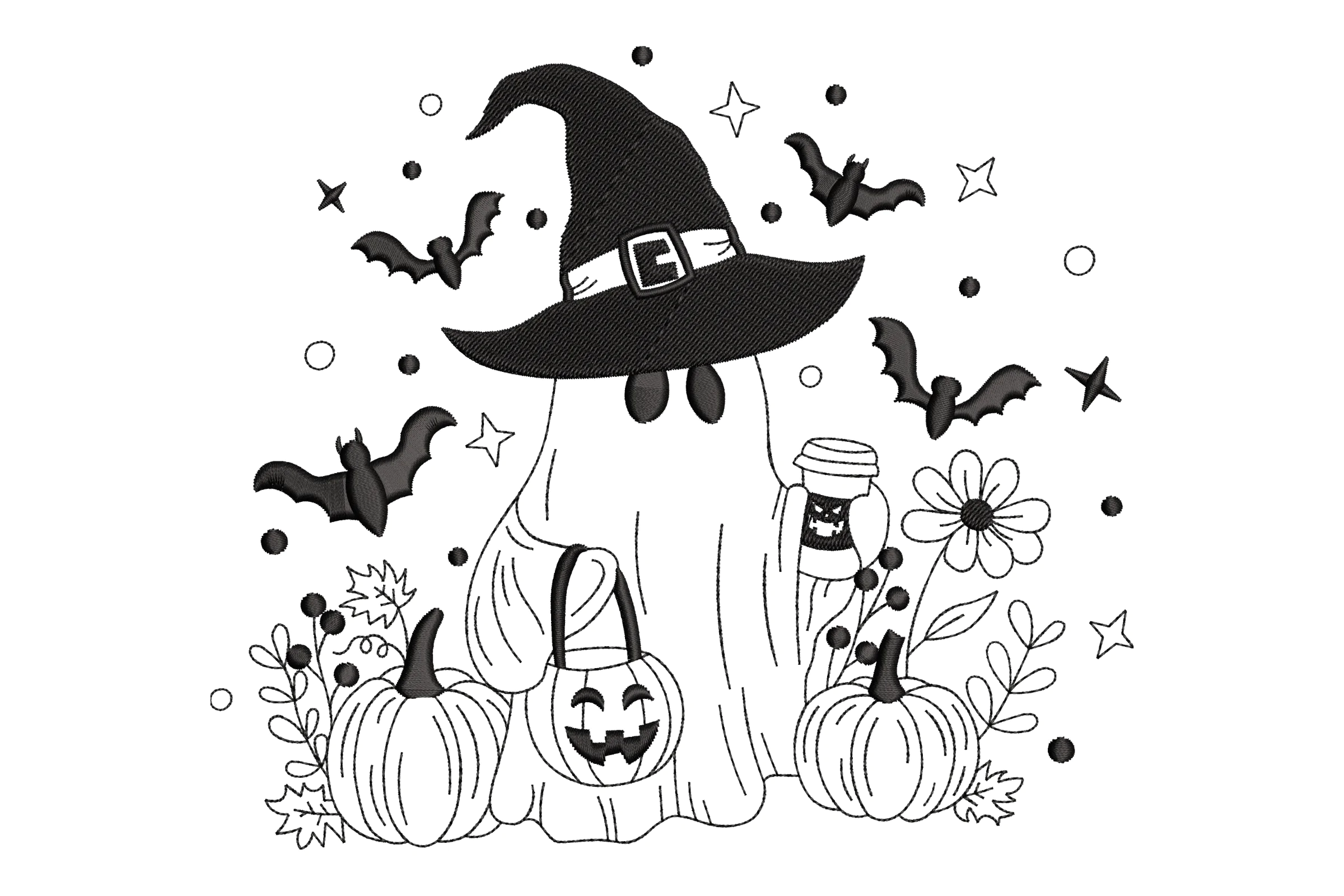 Cute Ghost with Iced Coffee Embroidery Design