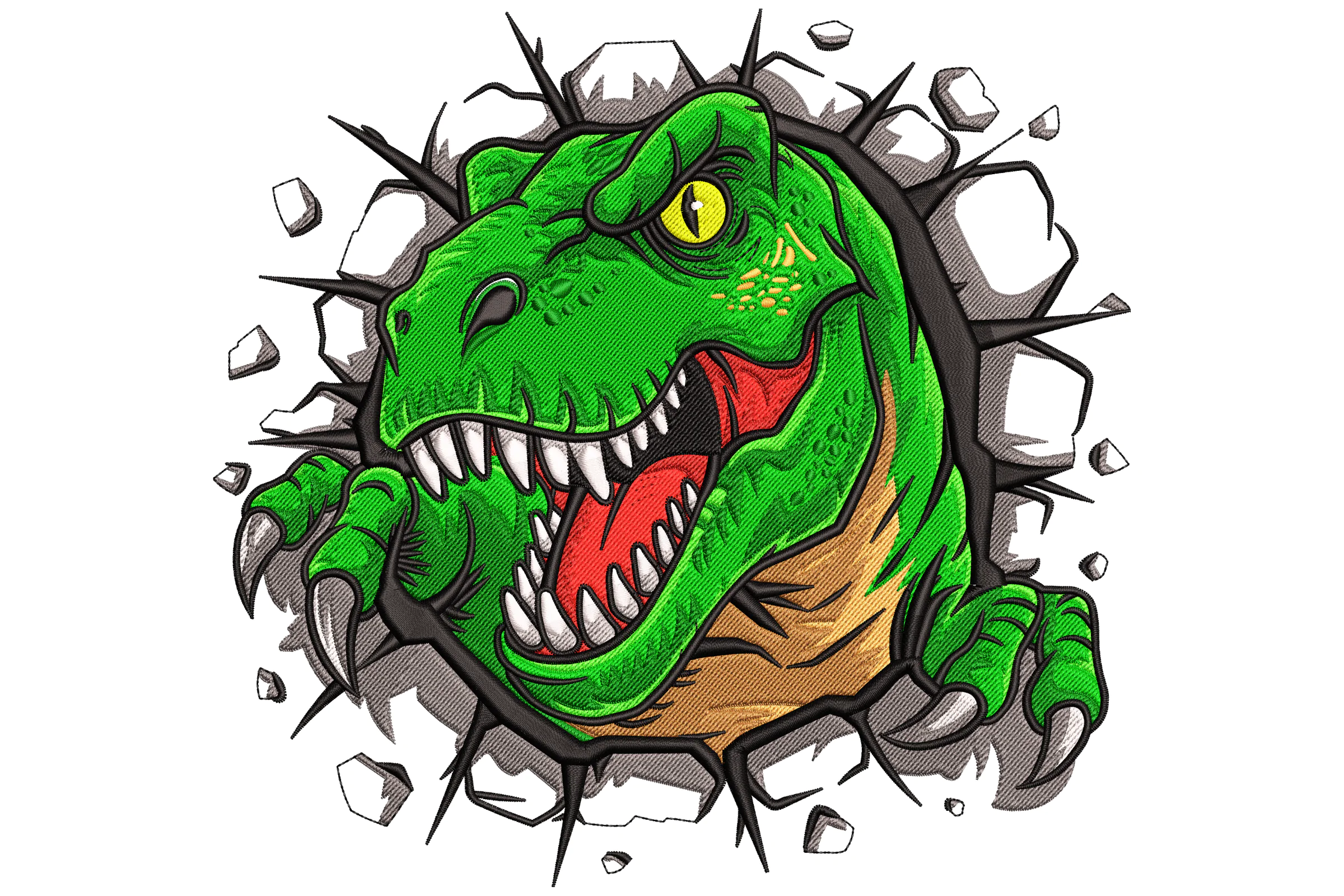 Ferocious T-Rex Cracking Wall Embroidery Design
