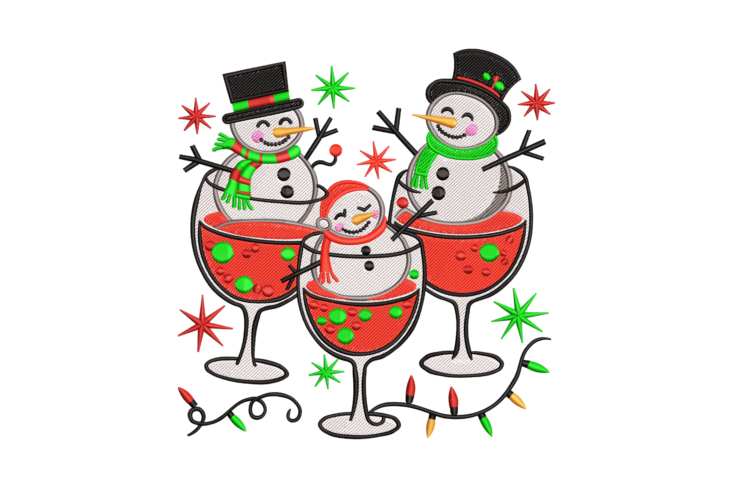 Christmas Snowmen in Wine Glasses Embroidery Design