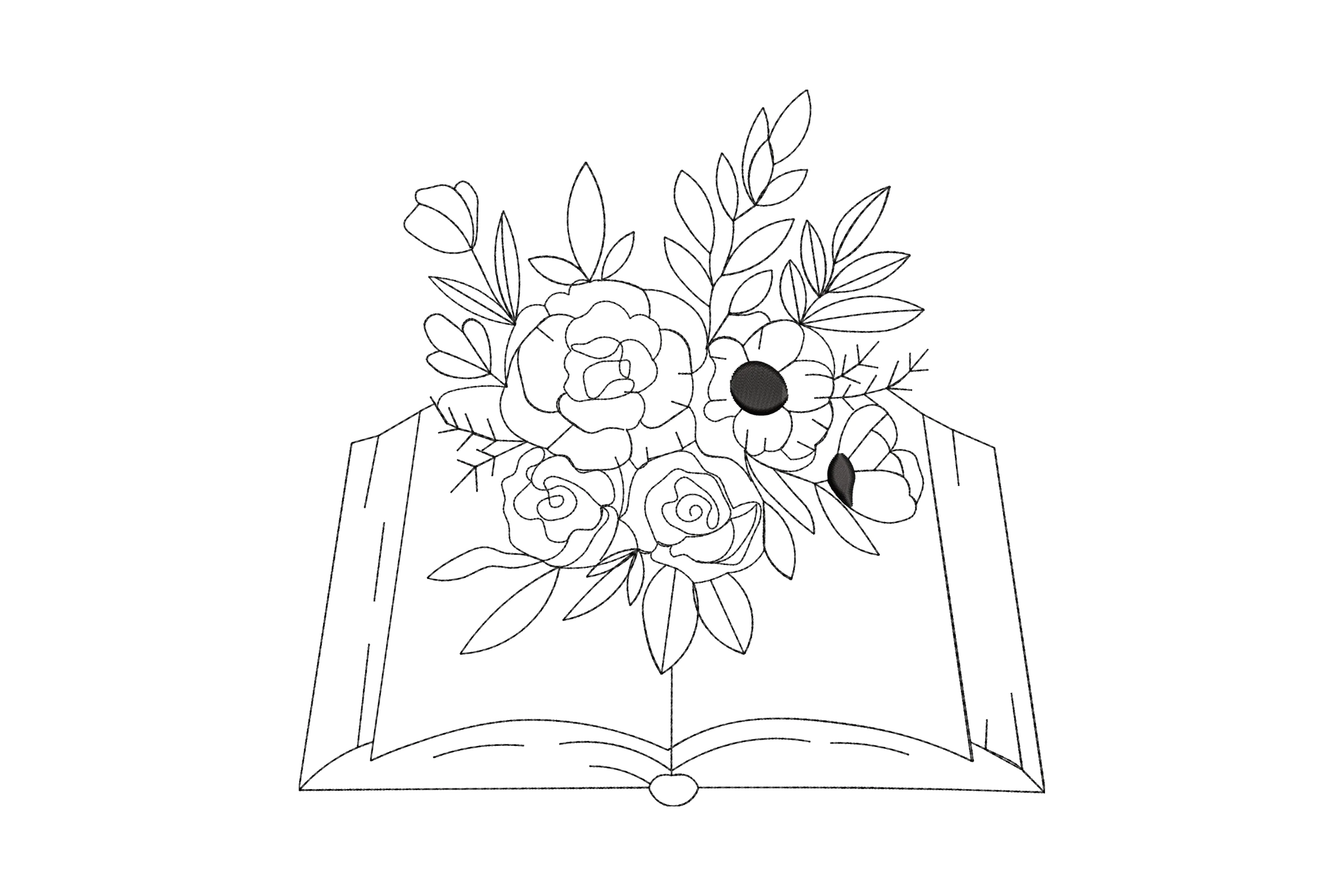 Floral Bouquet On Open Book Embroidery Design