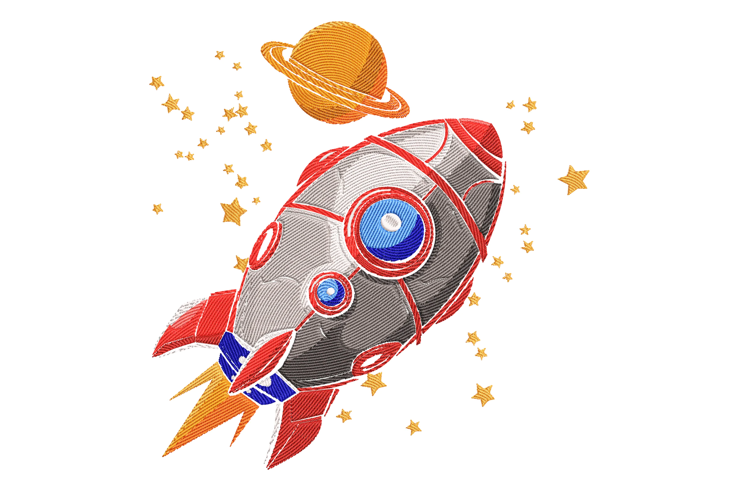 Rocket with Planet and Stars Embroidery Design