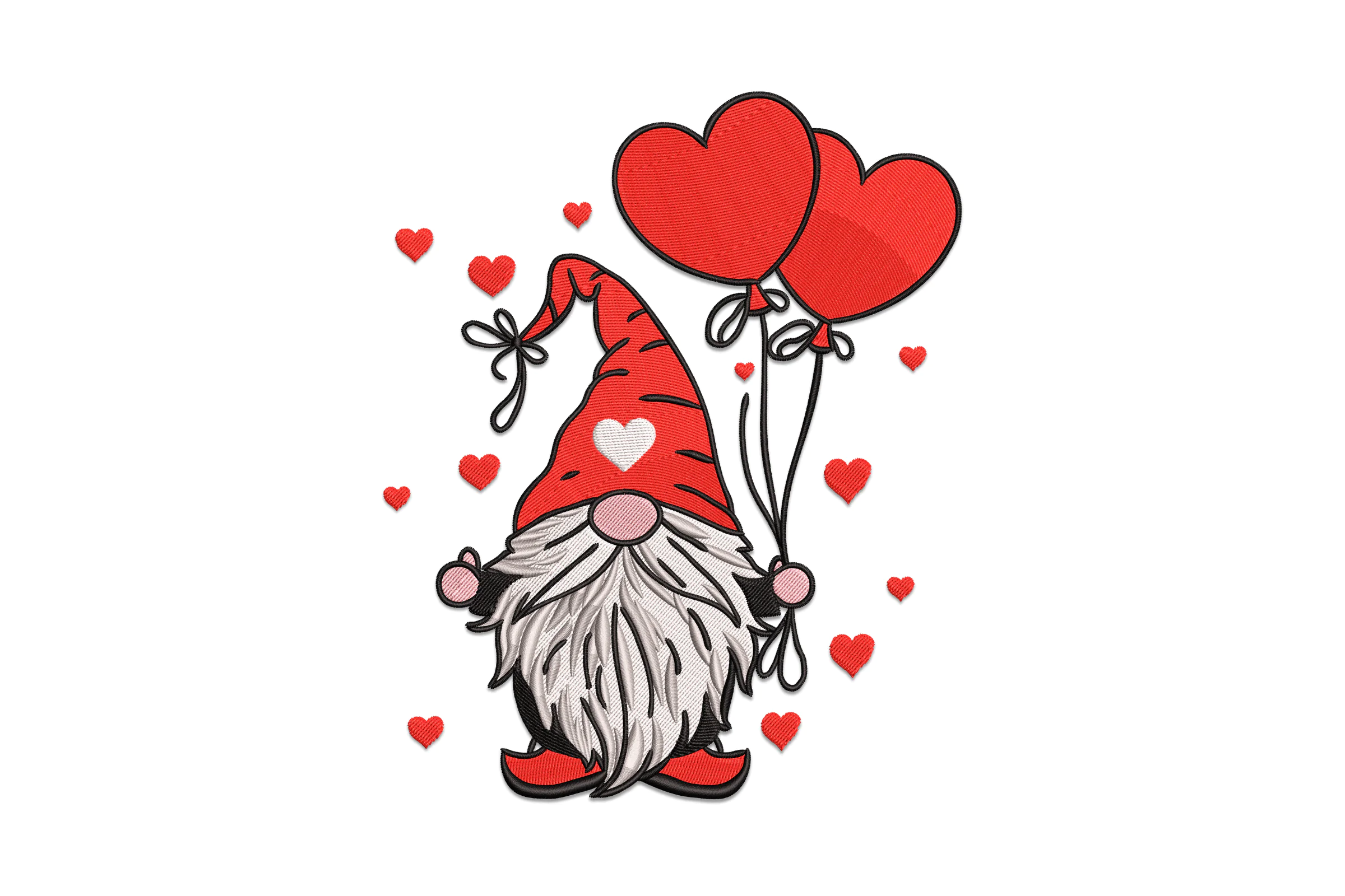 Valentine's Day Gnome Embroidery Design with Heart Balloons