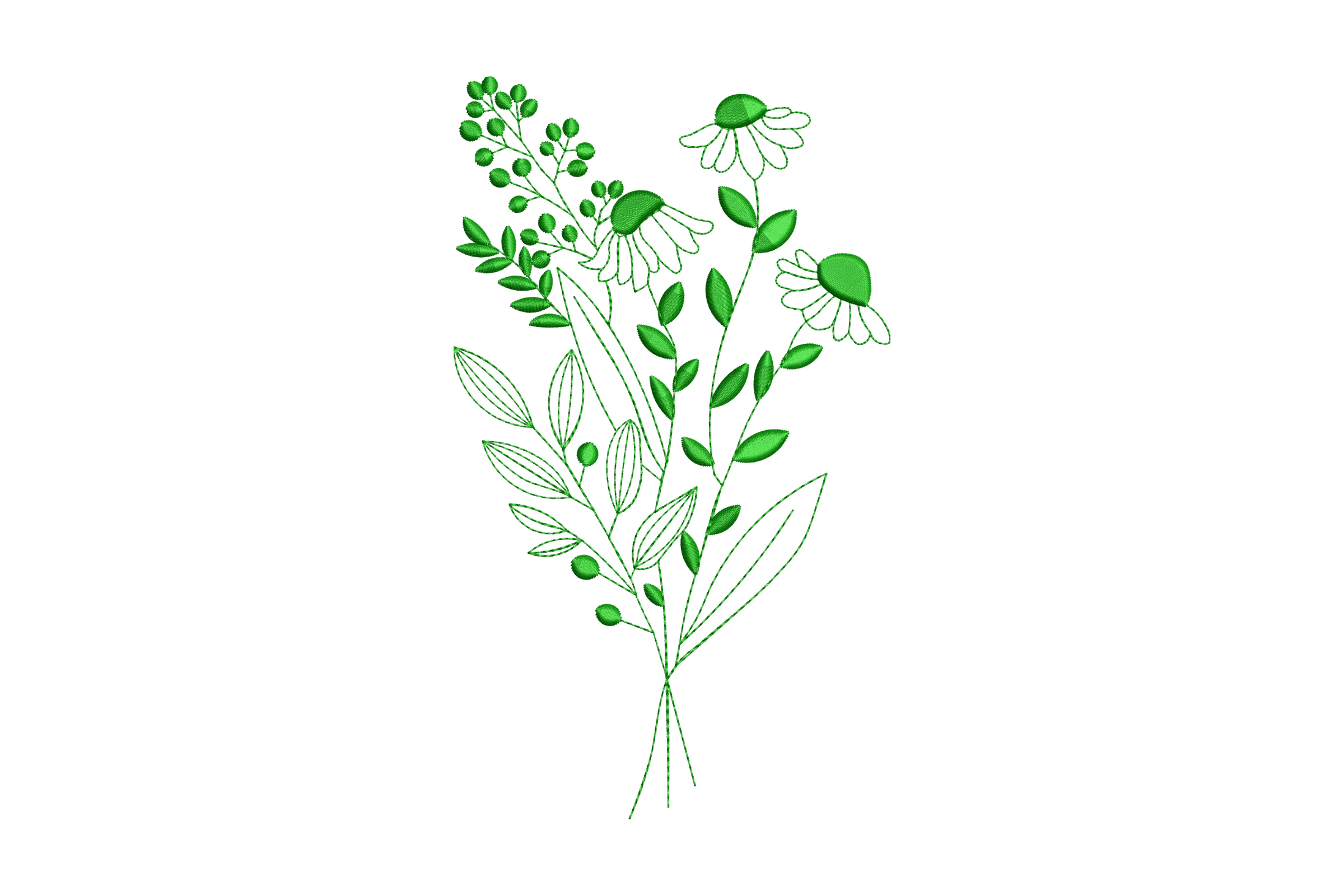 Green Wildflower with Daisies Embroidery Design