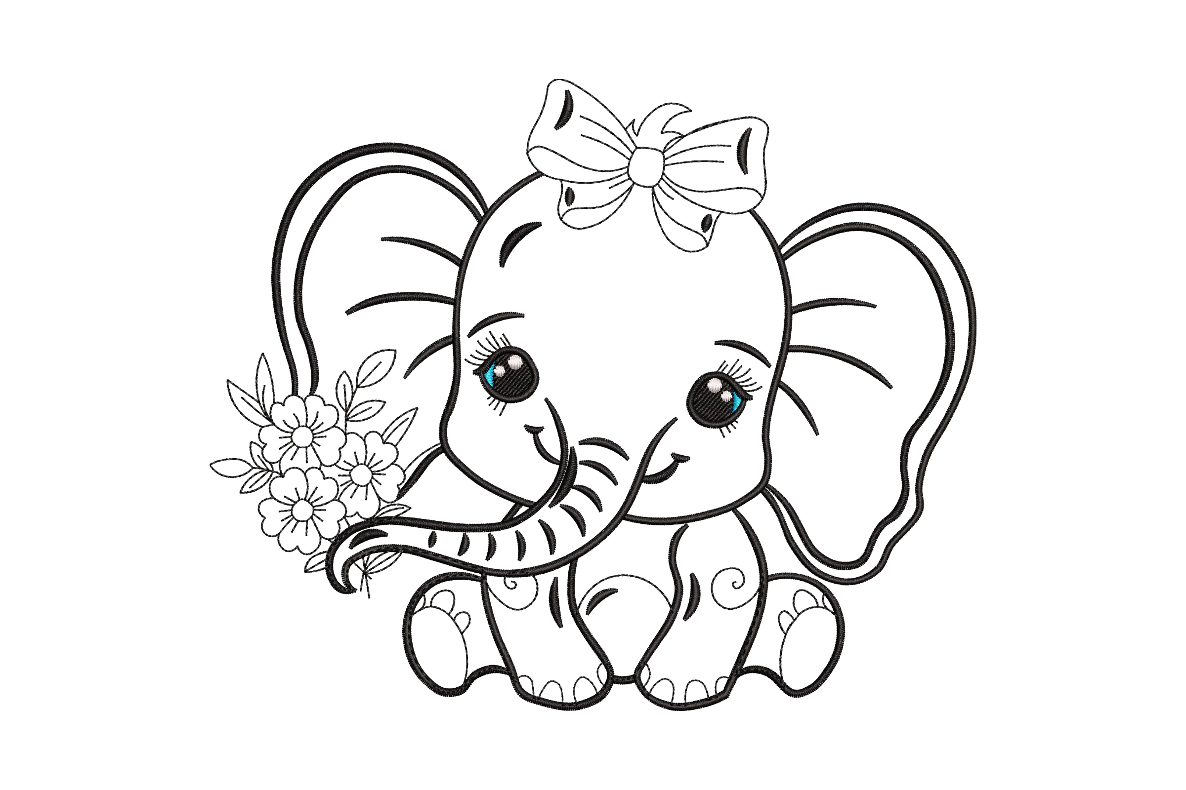 Adorable Elephant Bow and Flowers Embroidery Design