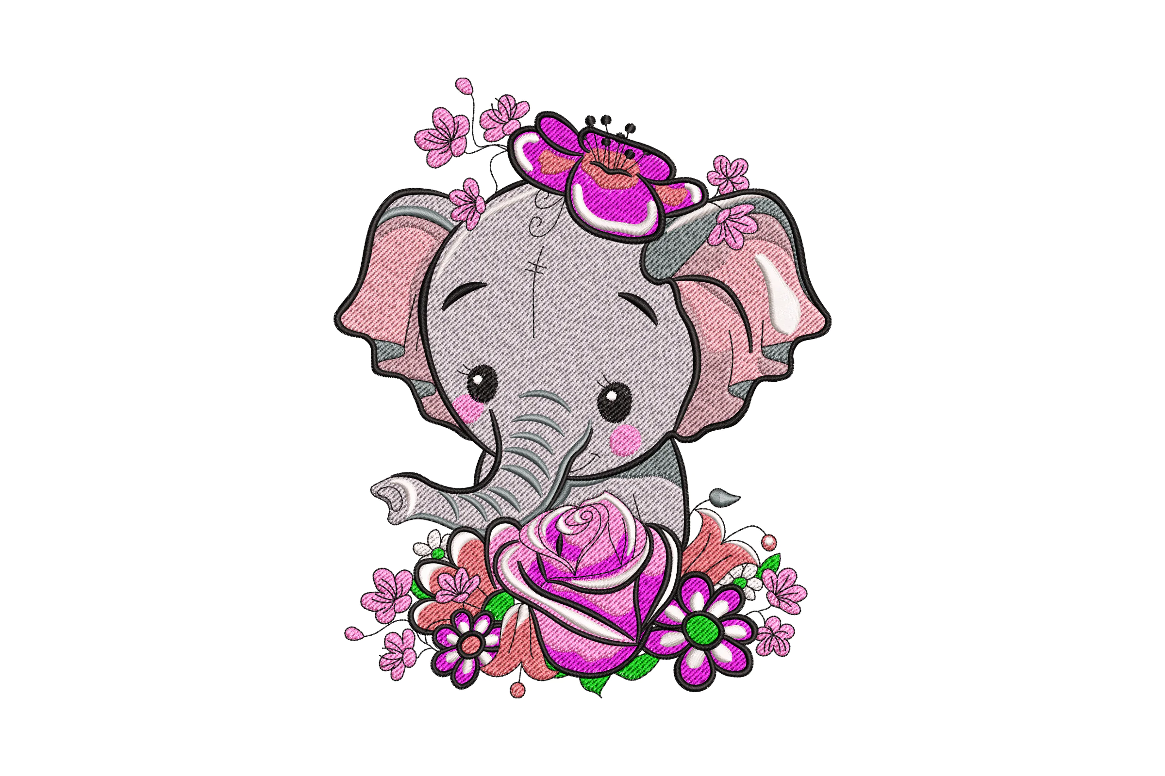 Adorable Elephant with Flower Embroidery Design