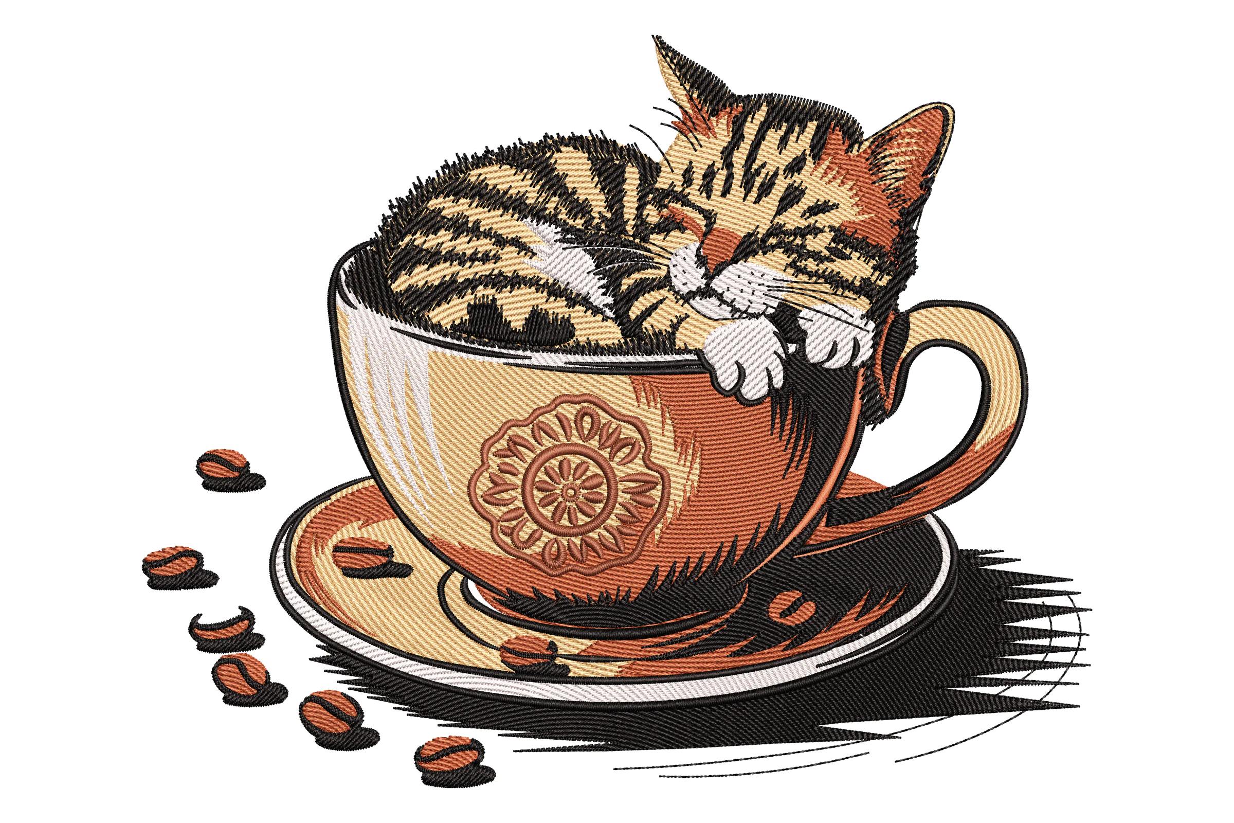 Cozy Cat in Coffee Cup Embroidery Design