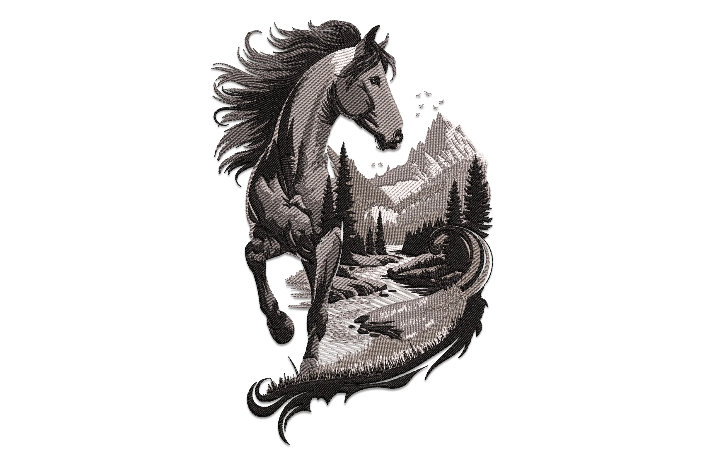 Horse Running Through Scenic Mountain Embroidery Design