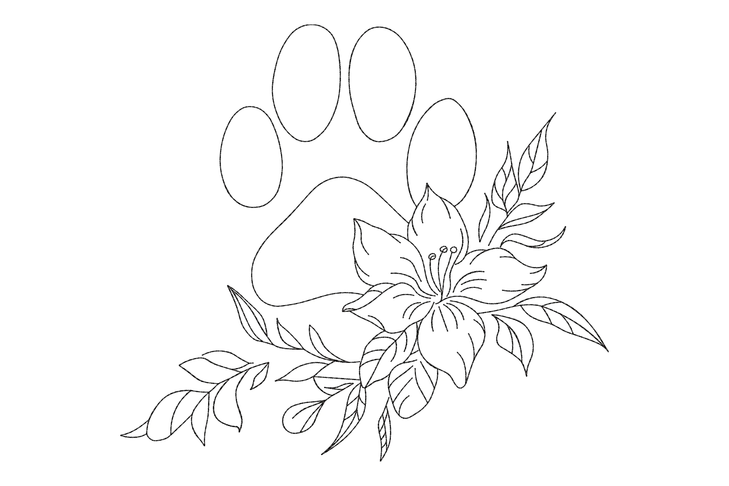 Floral Single Line Dog Paw Embroidery Design