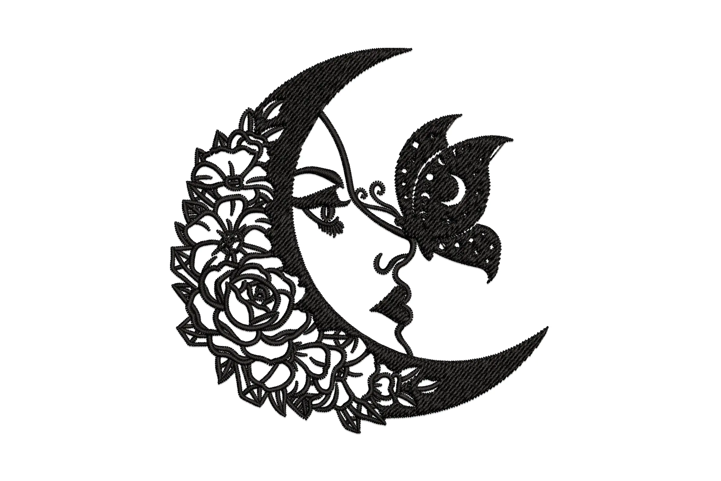 Floral Moon with Butterfly Embroidery Design