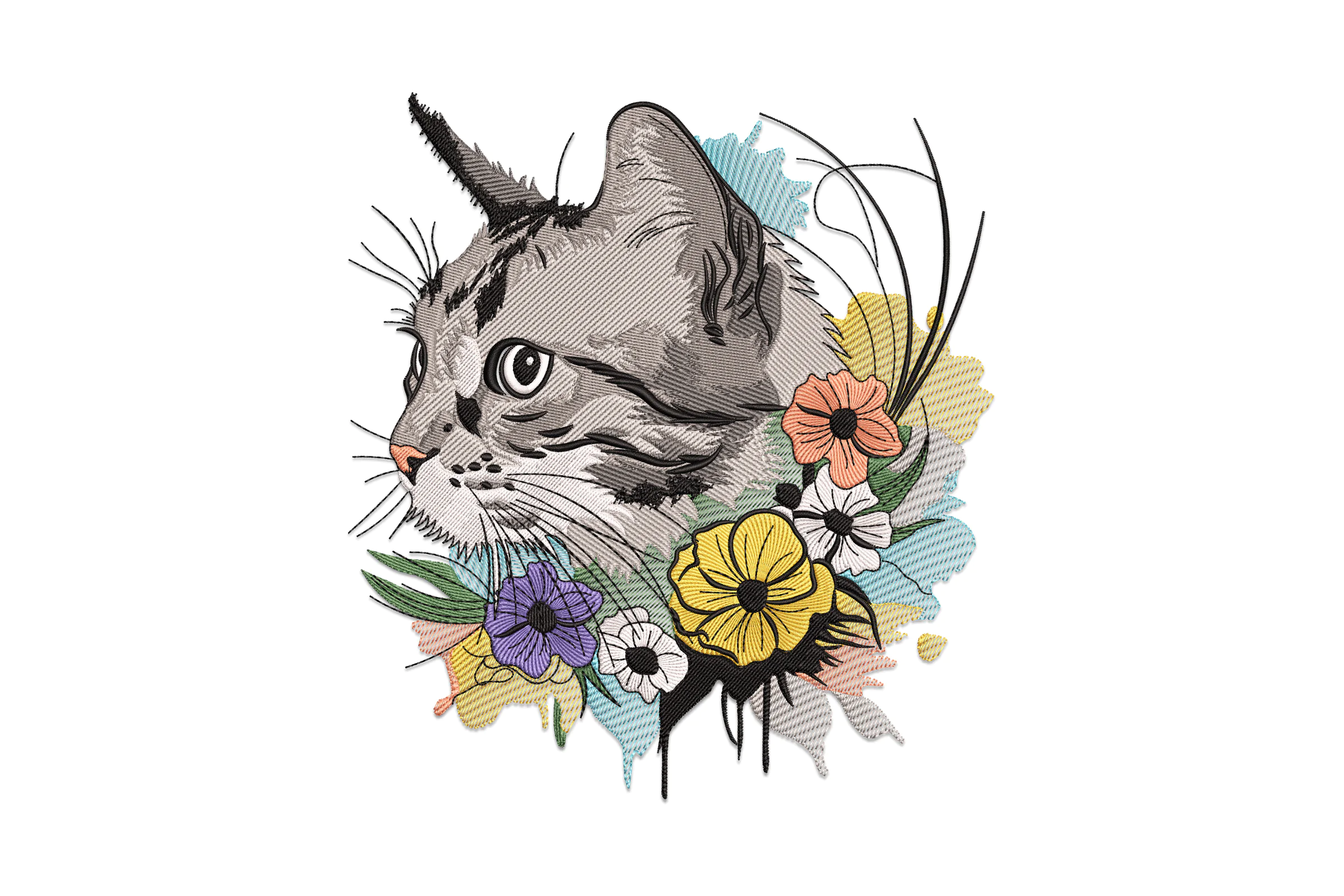 Cat with Flower Embroidery Design File