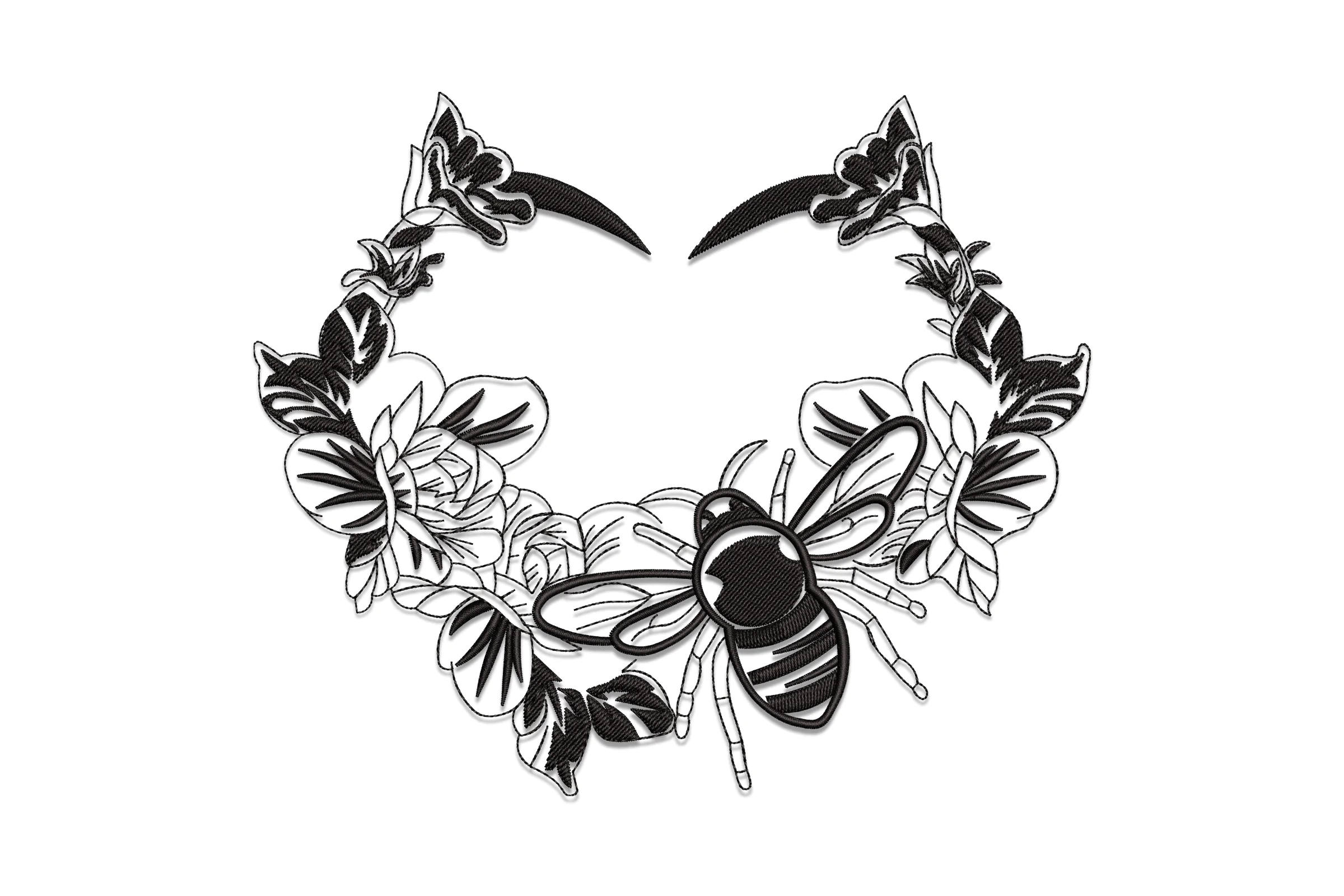 Flower Heart With Bee Embroidery Design