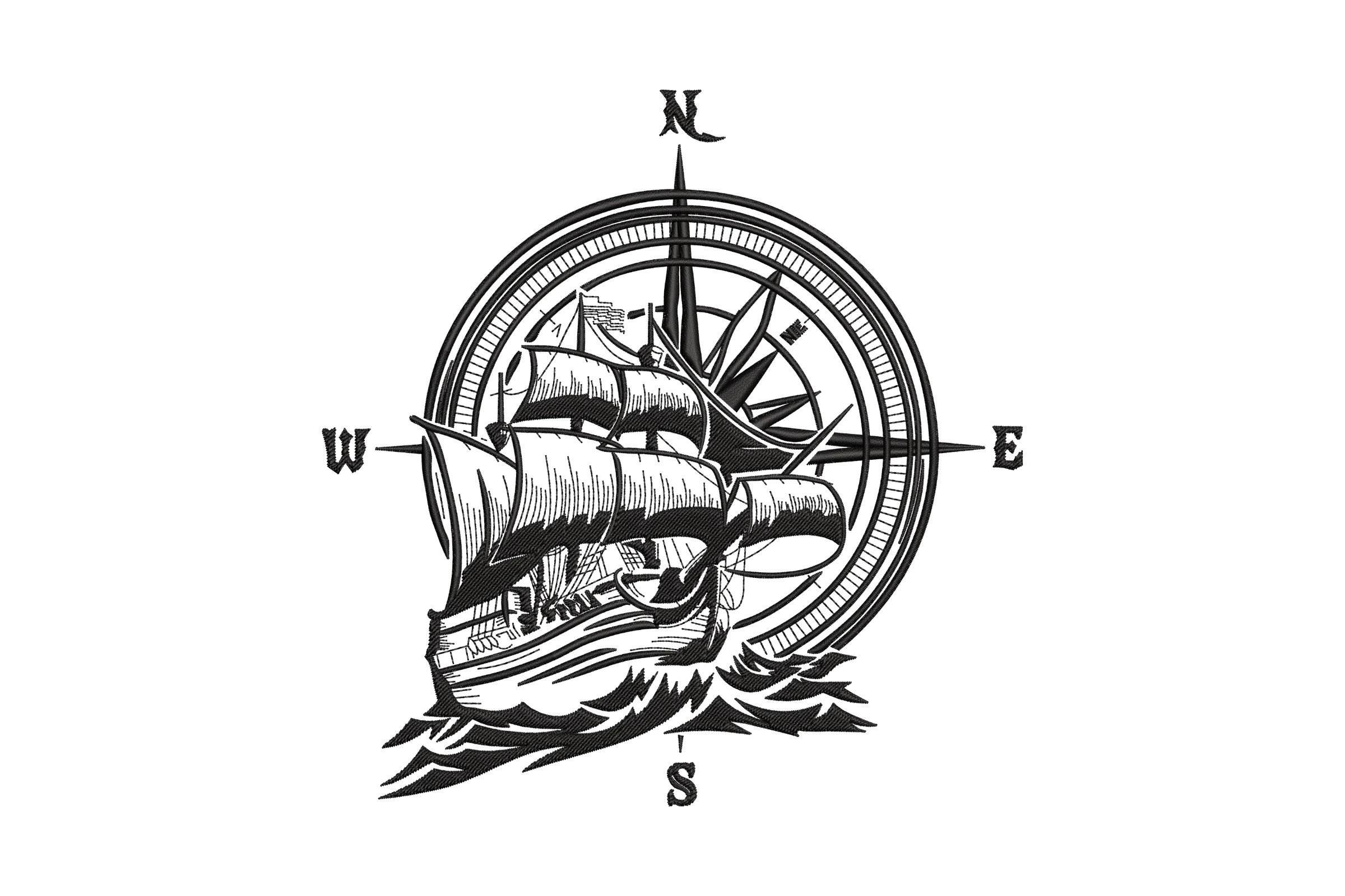 Sailing Ship and Compass Embroidery Design